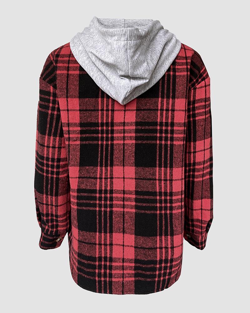 Plaid Pattern Long Sleeve Shacket Button Down Fleece Lined Hooded Jackets Warm Coat