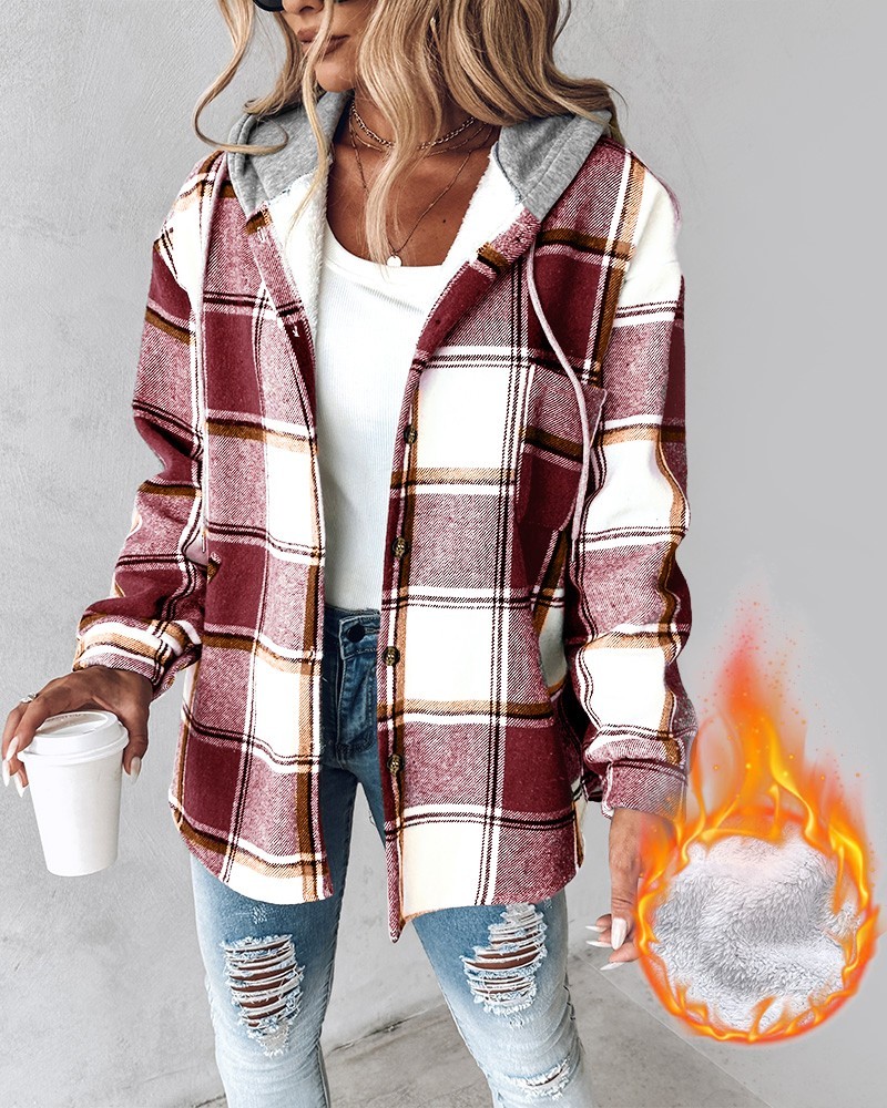 Plaid Pattern Long Sleeve Shacket Button Down Fleece Lined Hooded Jackets Warm Coat
