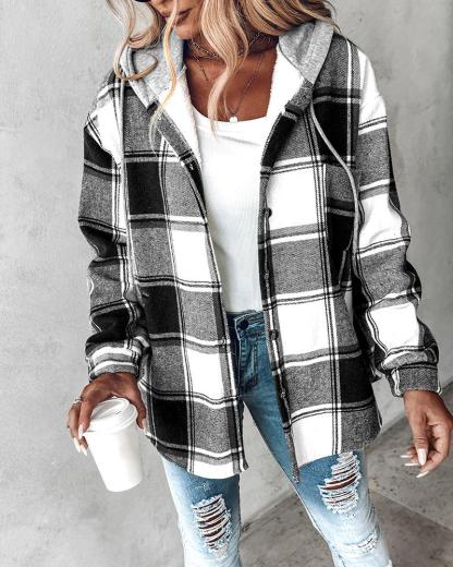 Plaid Pattern Long Sleeve Shacket Button Down Fleece Lined Hooded Jackets Warm Coat