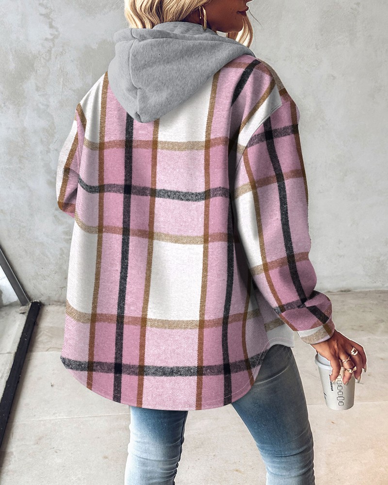 Plaid Pattern Long Sleeve Shacket Button Down Fleece Lined Hooded Jackets Warm Coat