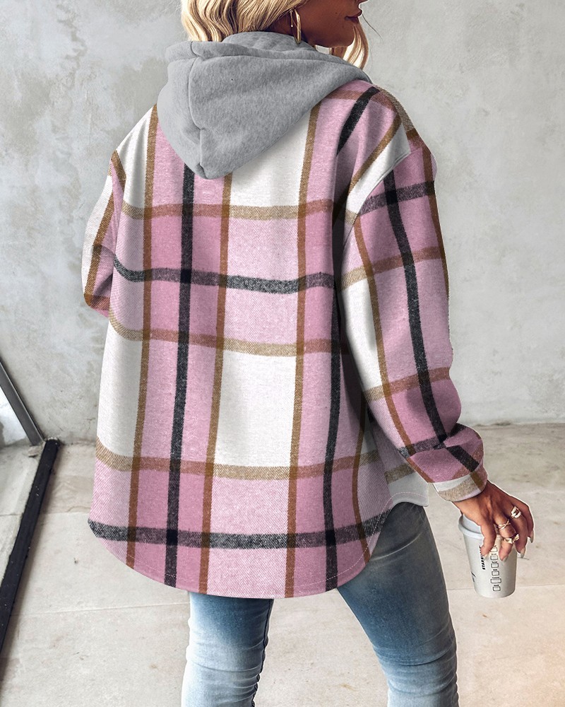 Plaid Pattern Long Sleeve Shacket Button Down Fleece Lined Hooded Jackets Warm Coat