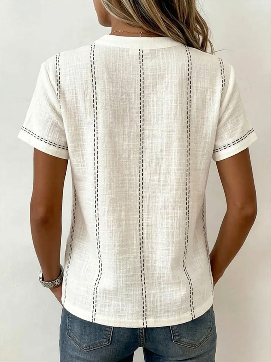 Women's V-neck Short-sleeve Casual Loose Cotton-linen Top