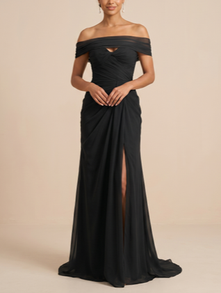 Black Off-the-Shoulder Ruched High Slit Chiffon Evening Gown