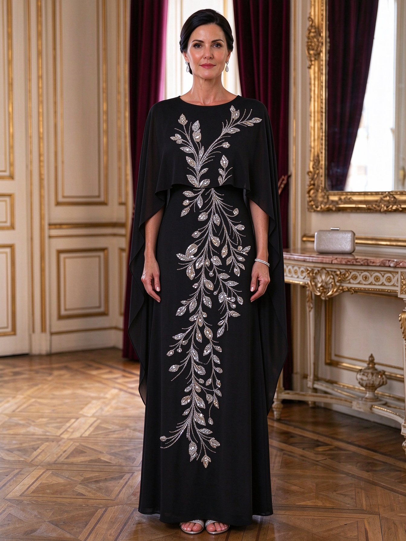 Champagne Draped Cape Beaded Floral A-Line Maxi Dress