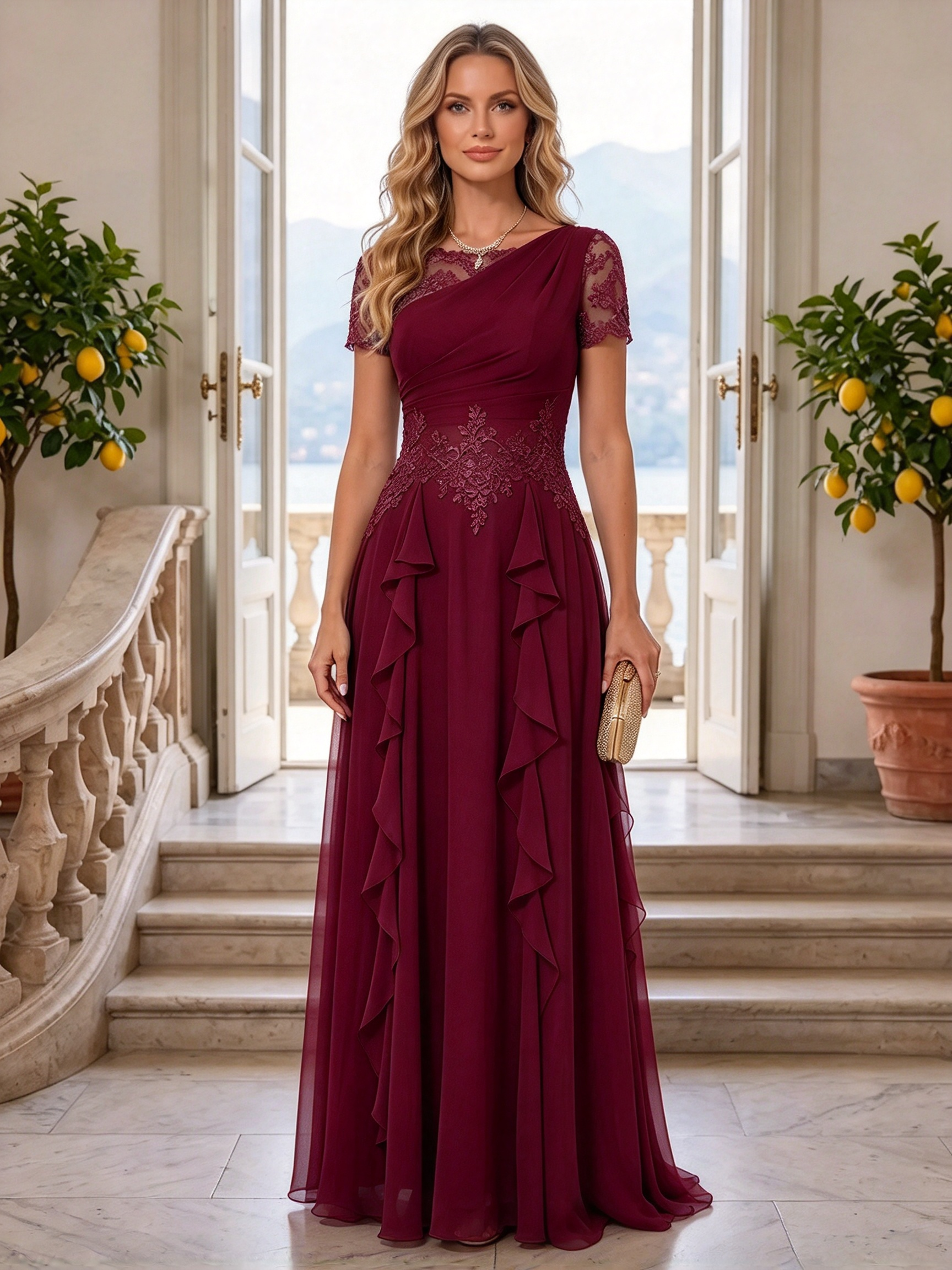 Dusty Blue Asymmetrical Lace Ruffle A-Line Maxi Dress