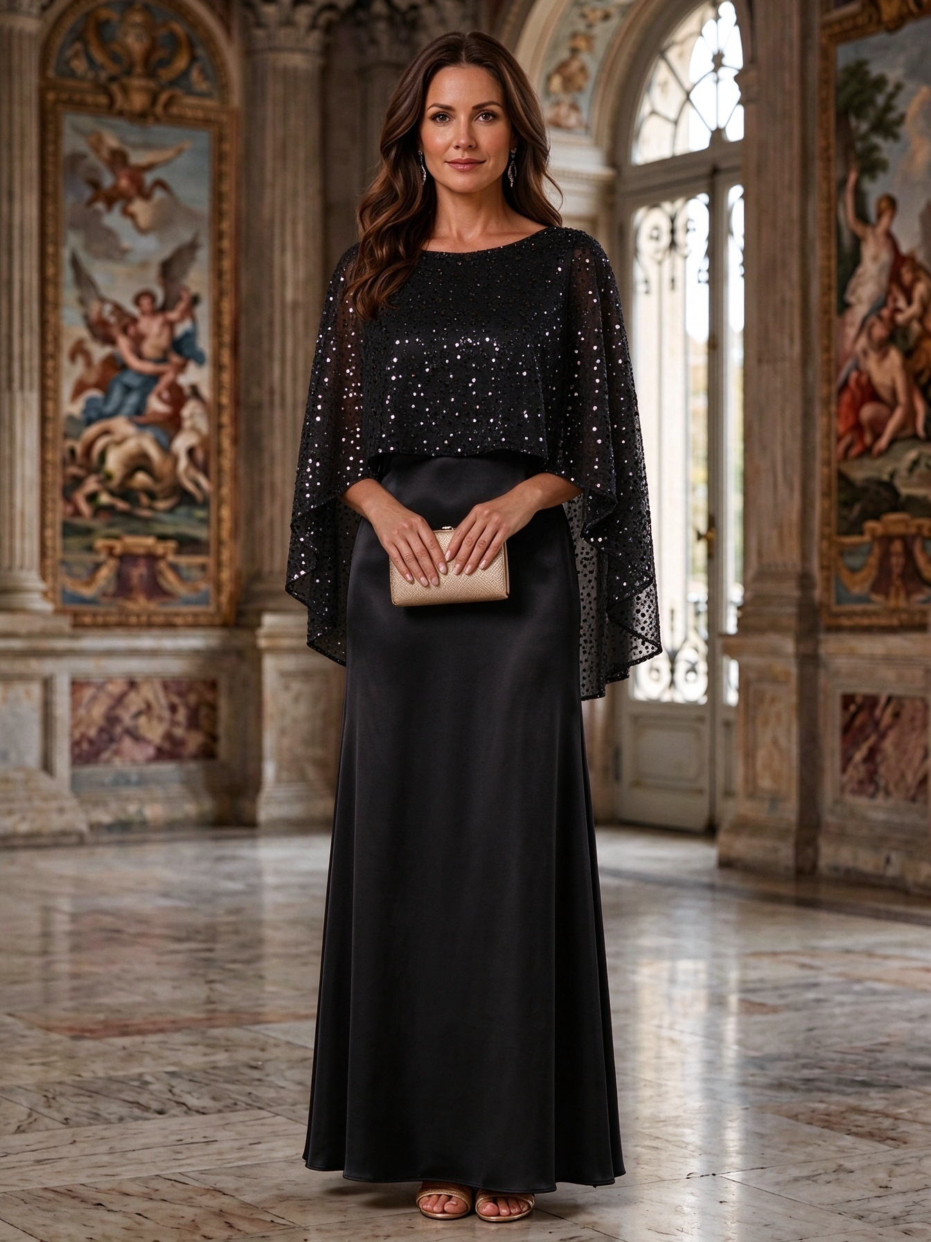 Solid Color Boat Neck Shawl Style Sequined Satin Maxi Dress