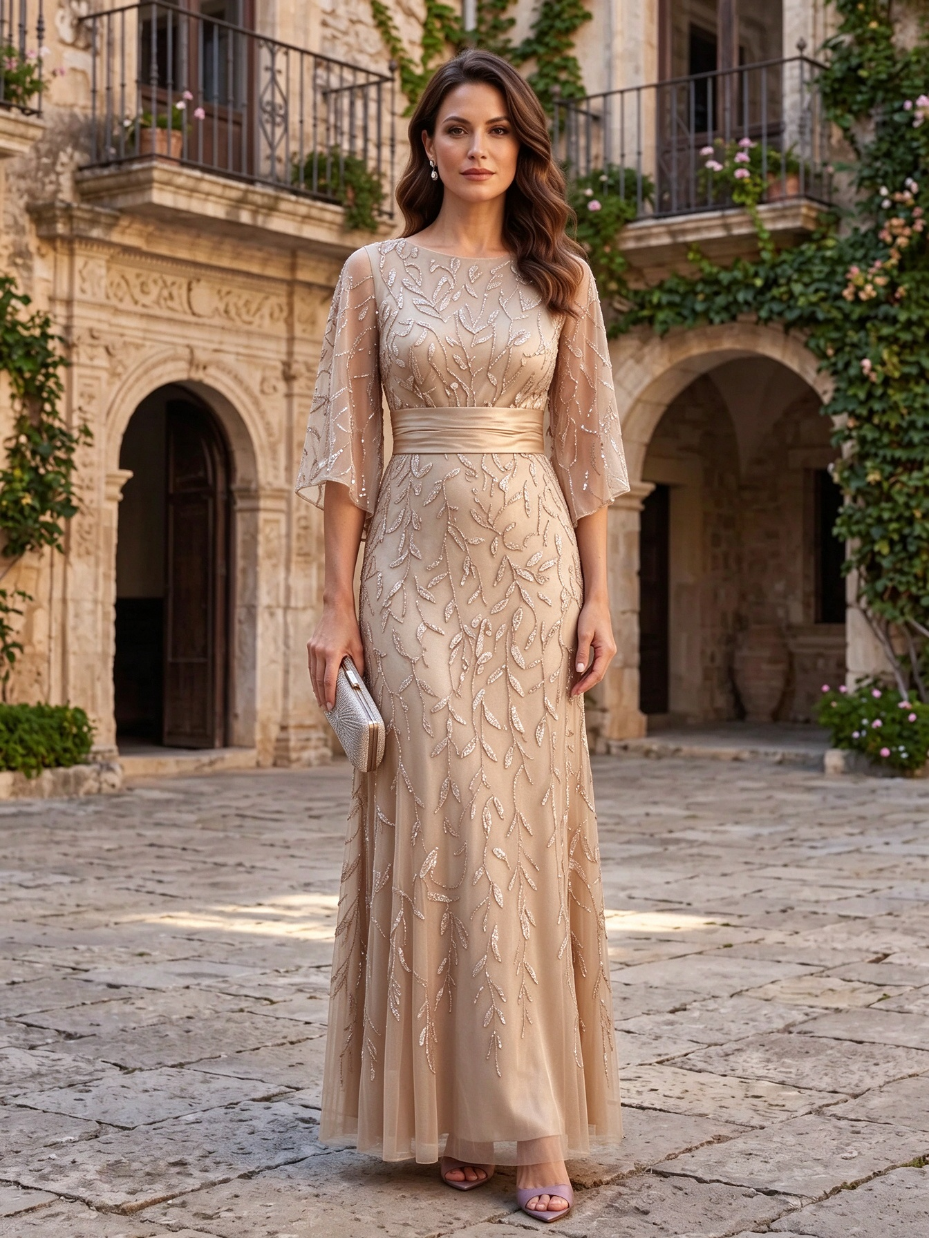 Dusty Rose Round Neck Flare Sleeve Sequin Leaf A-Line Maxi Dress