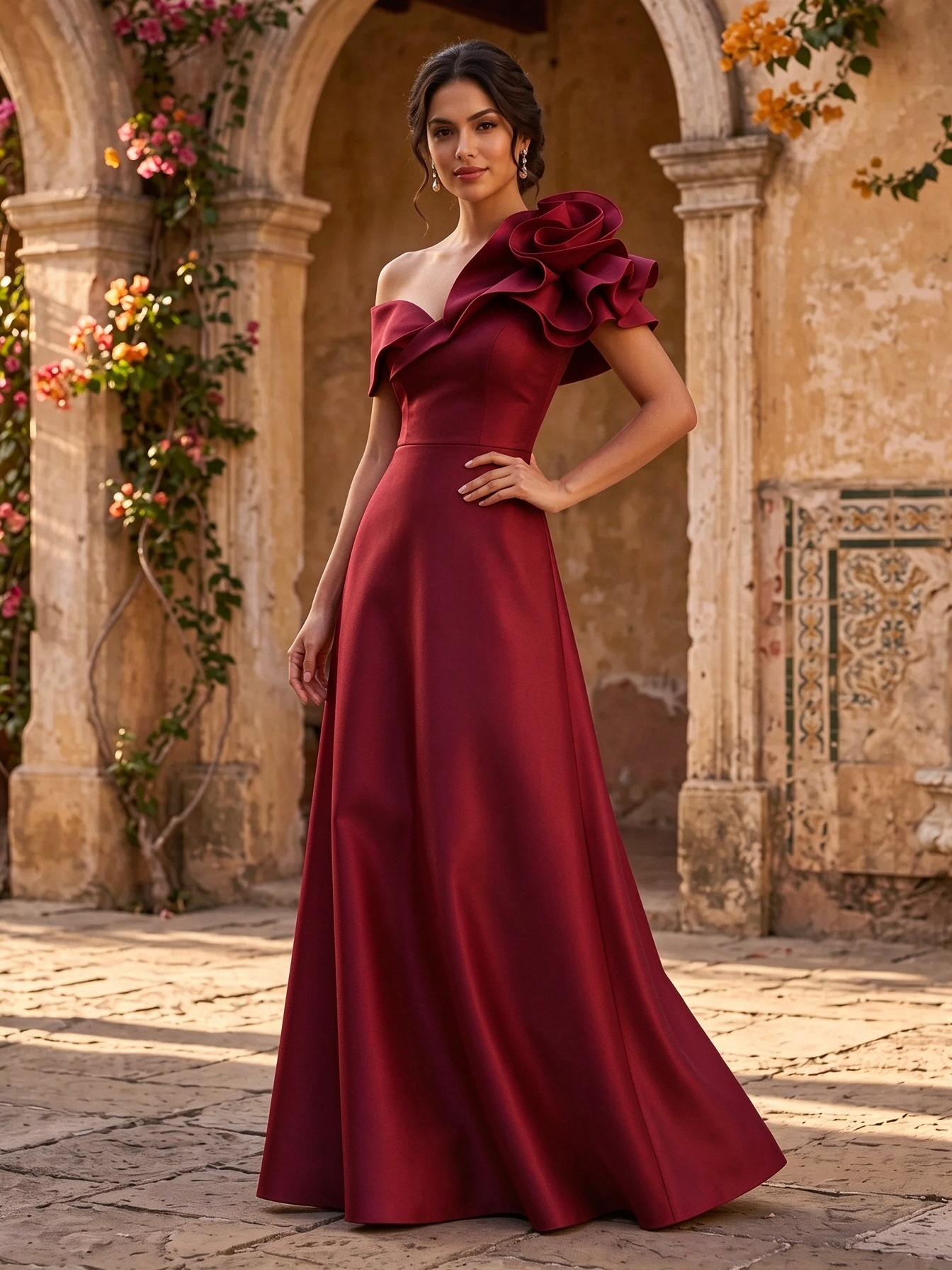 Fuchsia Off Shoulder One Side Floral A Line Floor-Length Evening Dress
