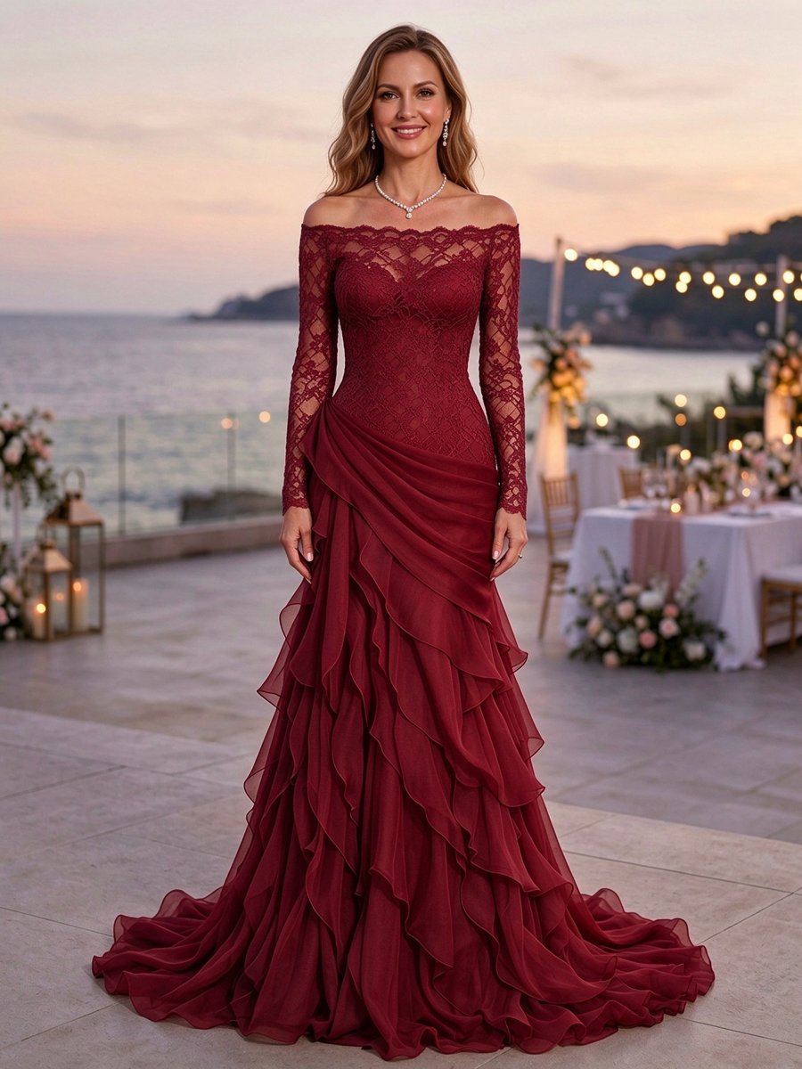 Navy Blue Off Shoulder Long Sleeve Lace Layered Mermaid Maxi Dress