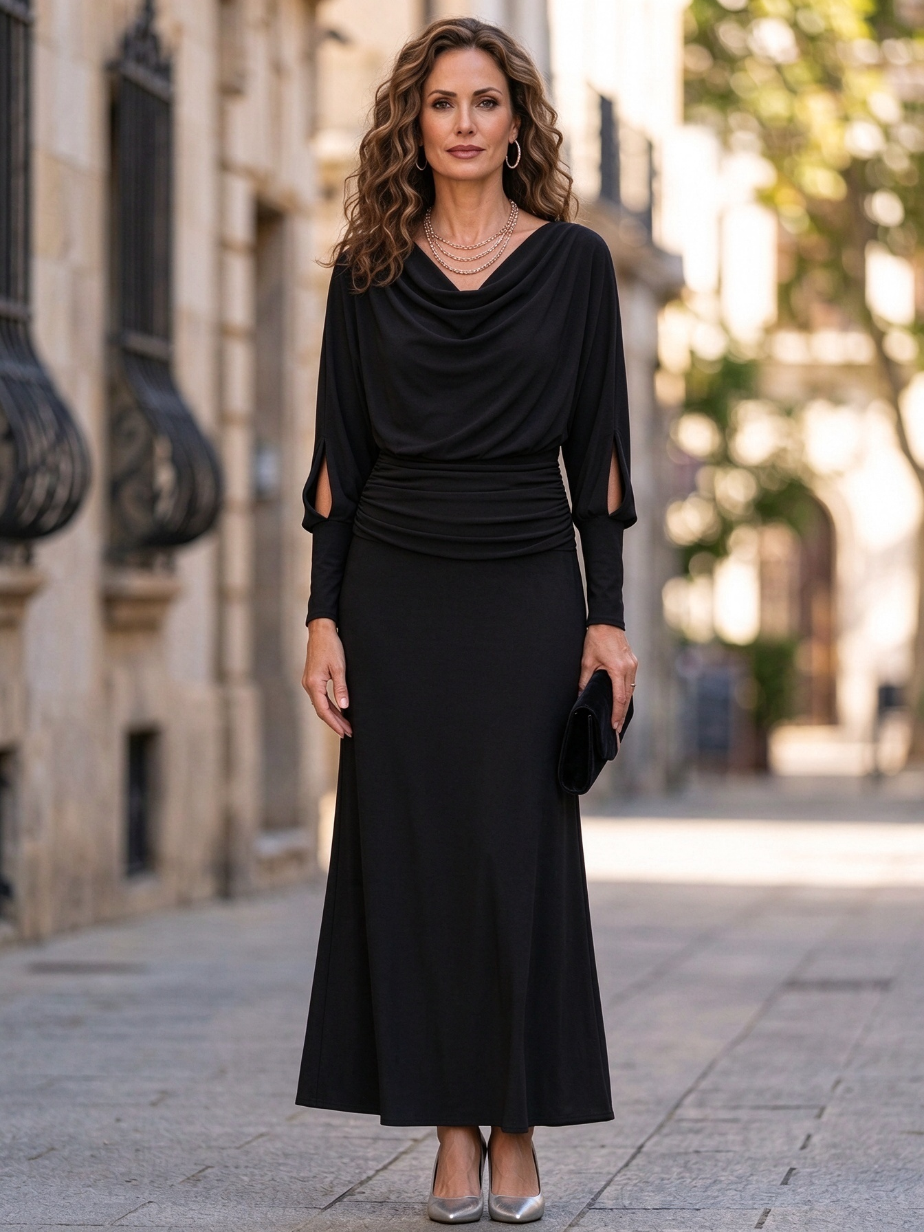 Navy Blue Cowl Neck Long Sleeve Slit Cuff A Line Floor-Length Maxi Dress