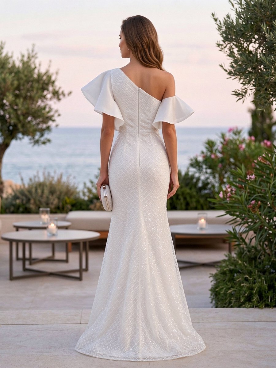 White One Shoulder Jacquard Ruffle Mermaid Maxi Dress