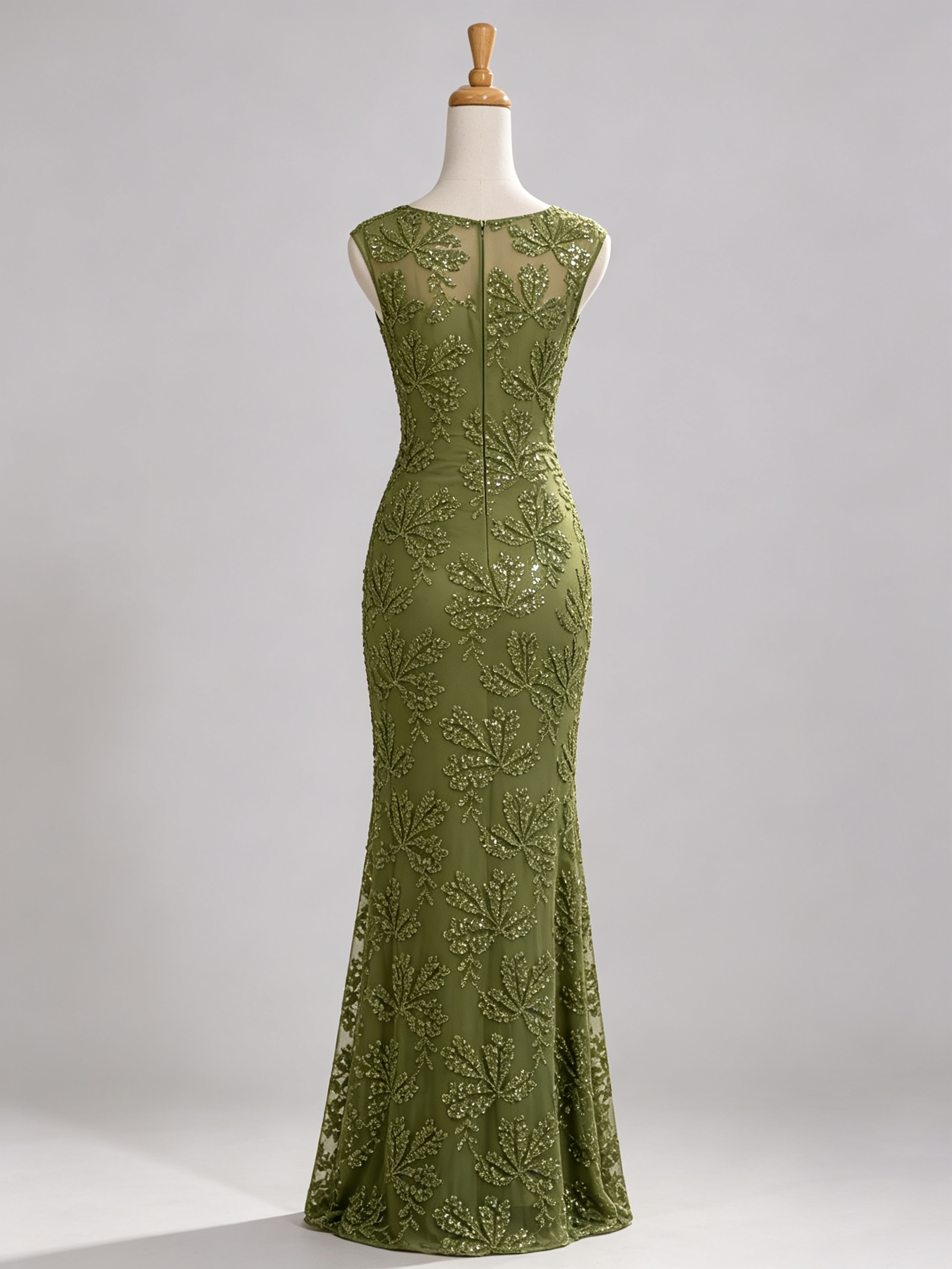 Olive Green Cap Sleeve Leaf Sequin Mesh Ruffle Mermaid Maxi Dress