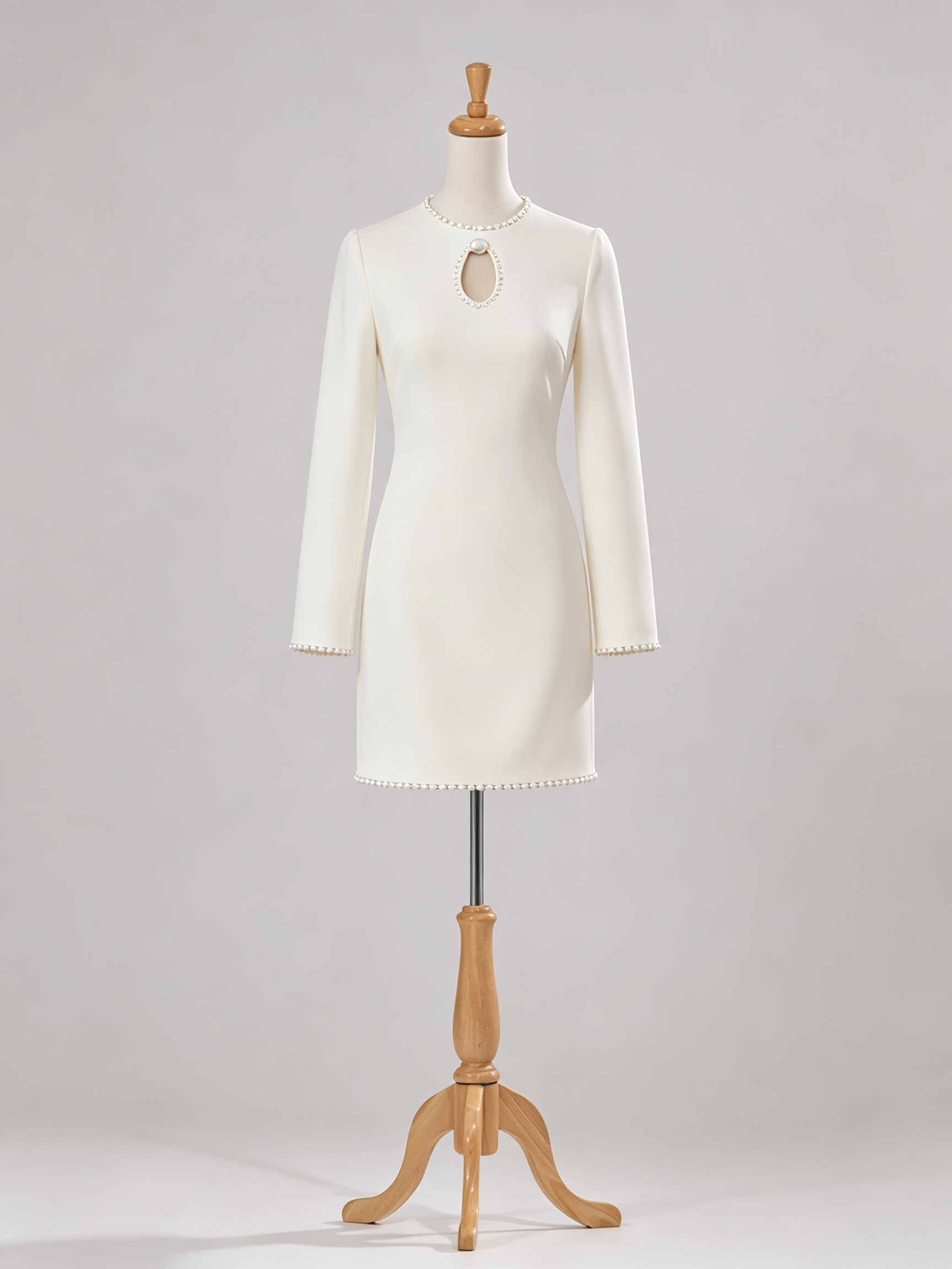 White Hollow Out Crew Neck Long Sleeve Shift Mini Dress