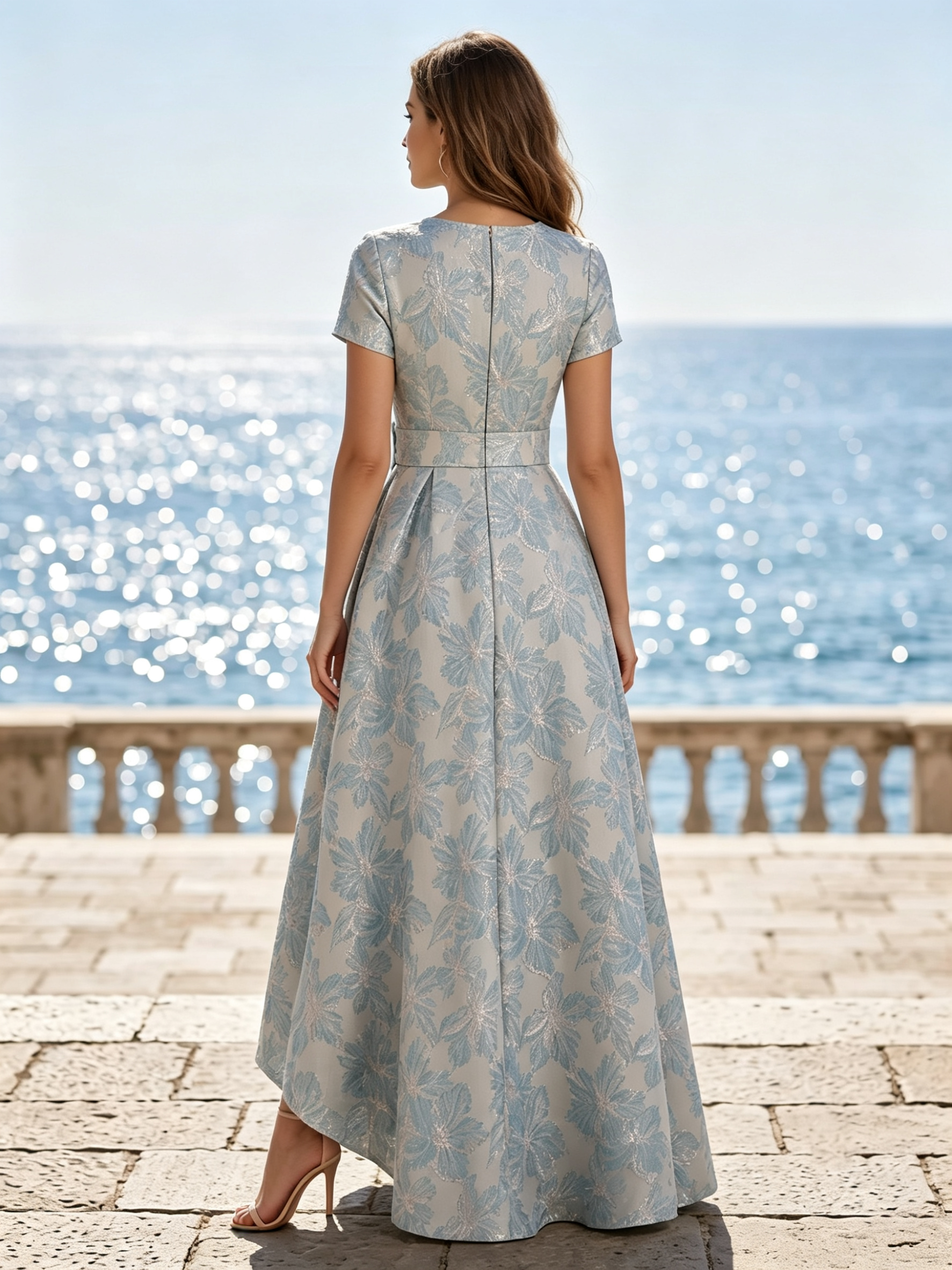 Light Blue Jacquard Round Neck Short Sleeve High‑Low Maxi Dress
