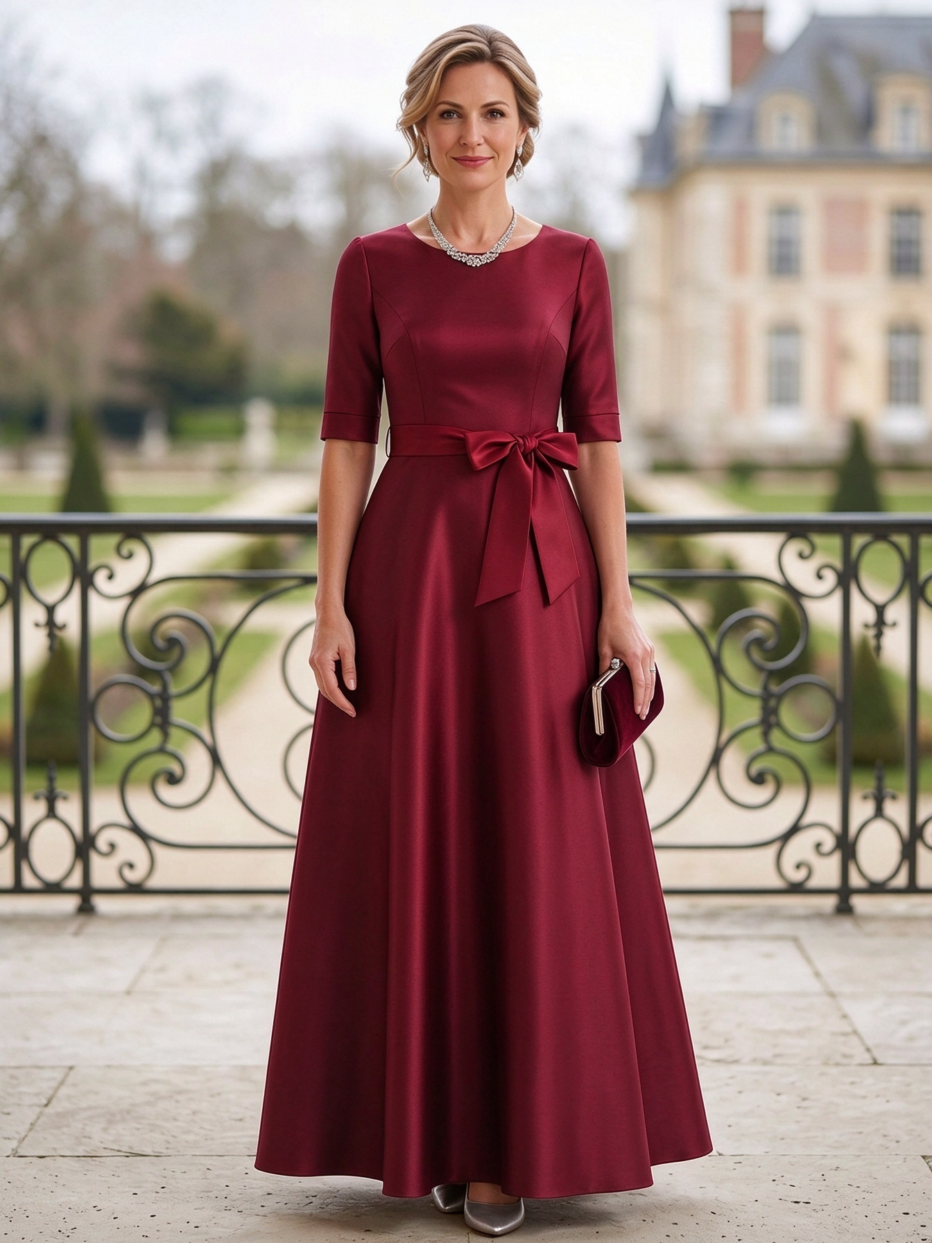 Navy Blue Satin 3/4 Sleeve A-Line Maxi Dress