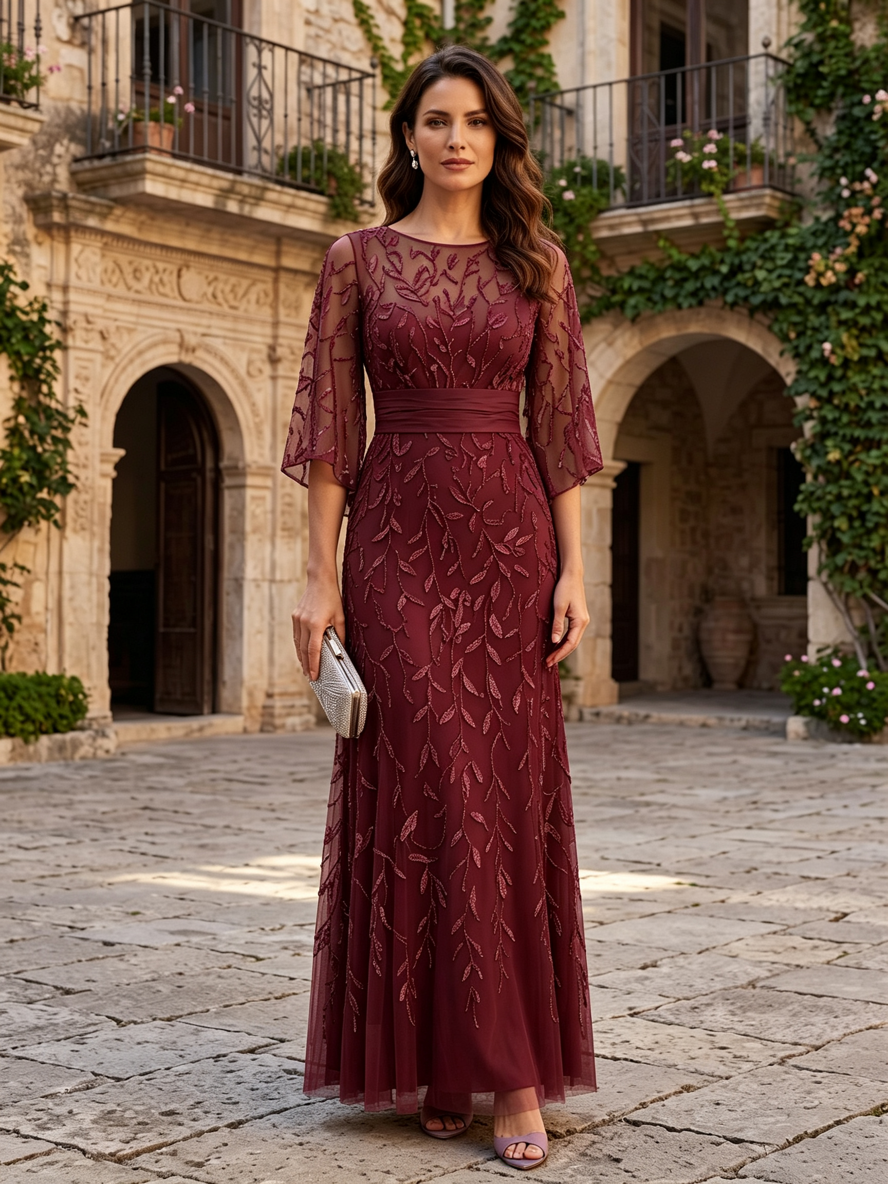 Dusty Rose Round Neck Flare Sleeve Sequin Leaf A-Line Maxi Dress