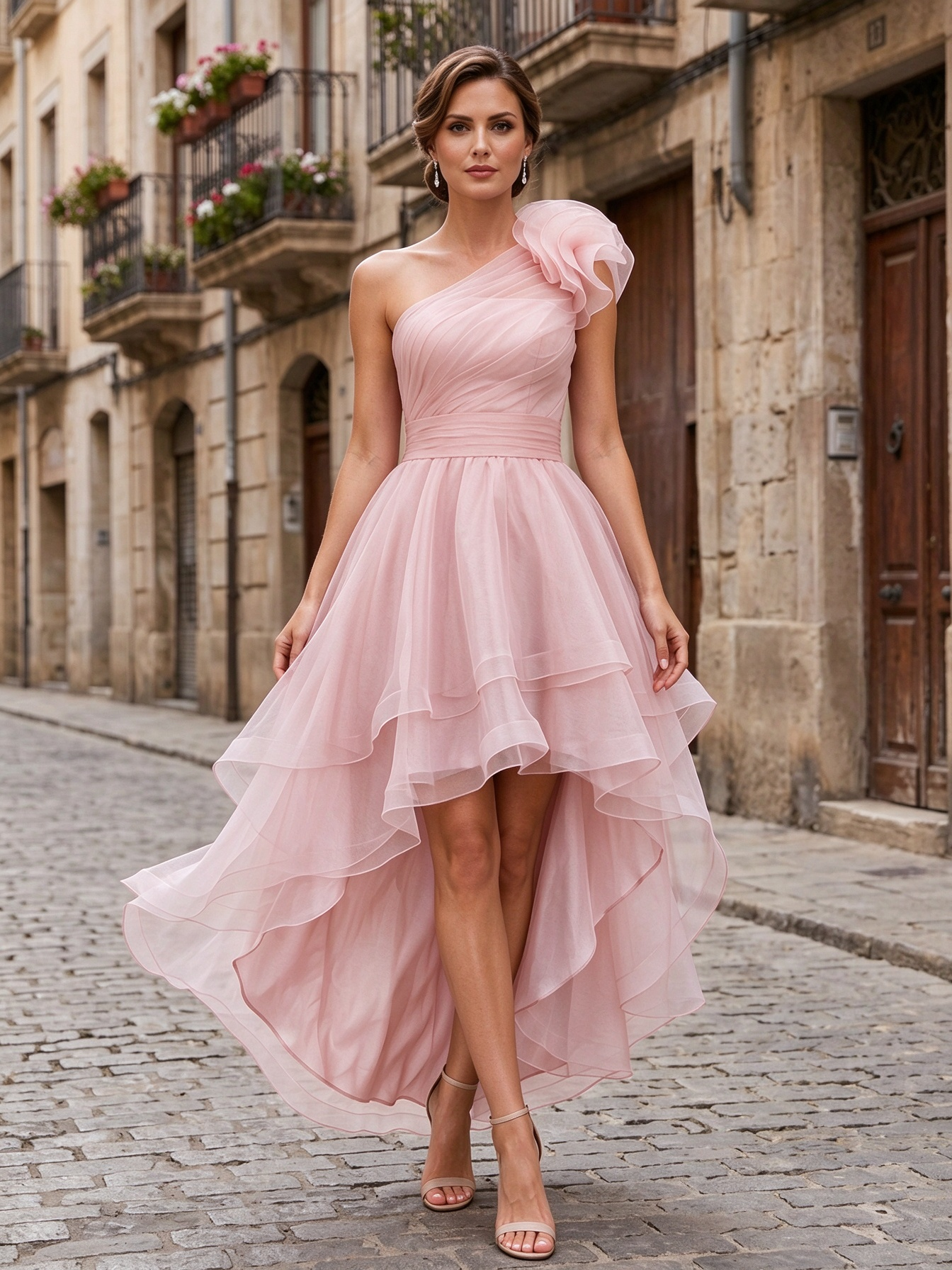 Lavender One-Shoulder Floral Applique High-Low Tulle Maxi Dress