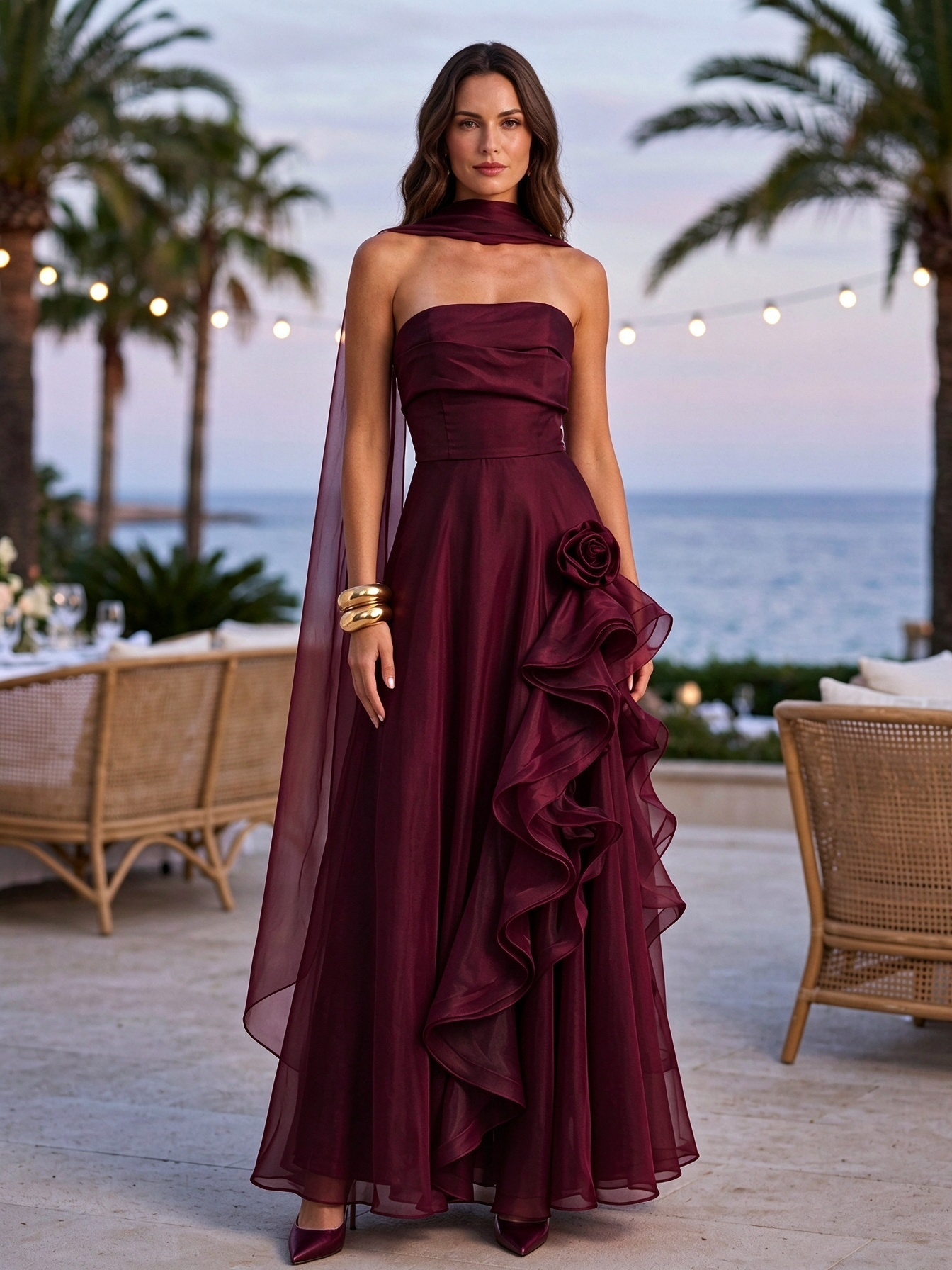 Plum Strapless Rose Layered Ruffle Maxi Dress