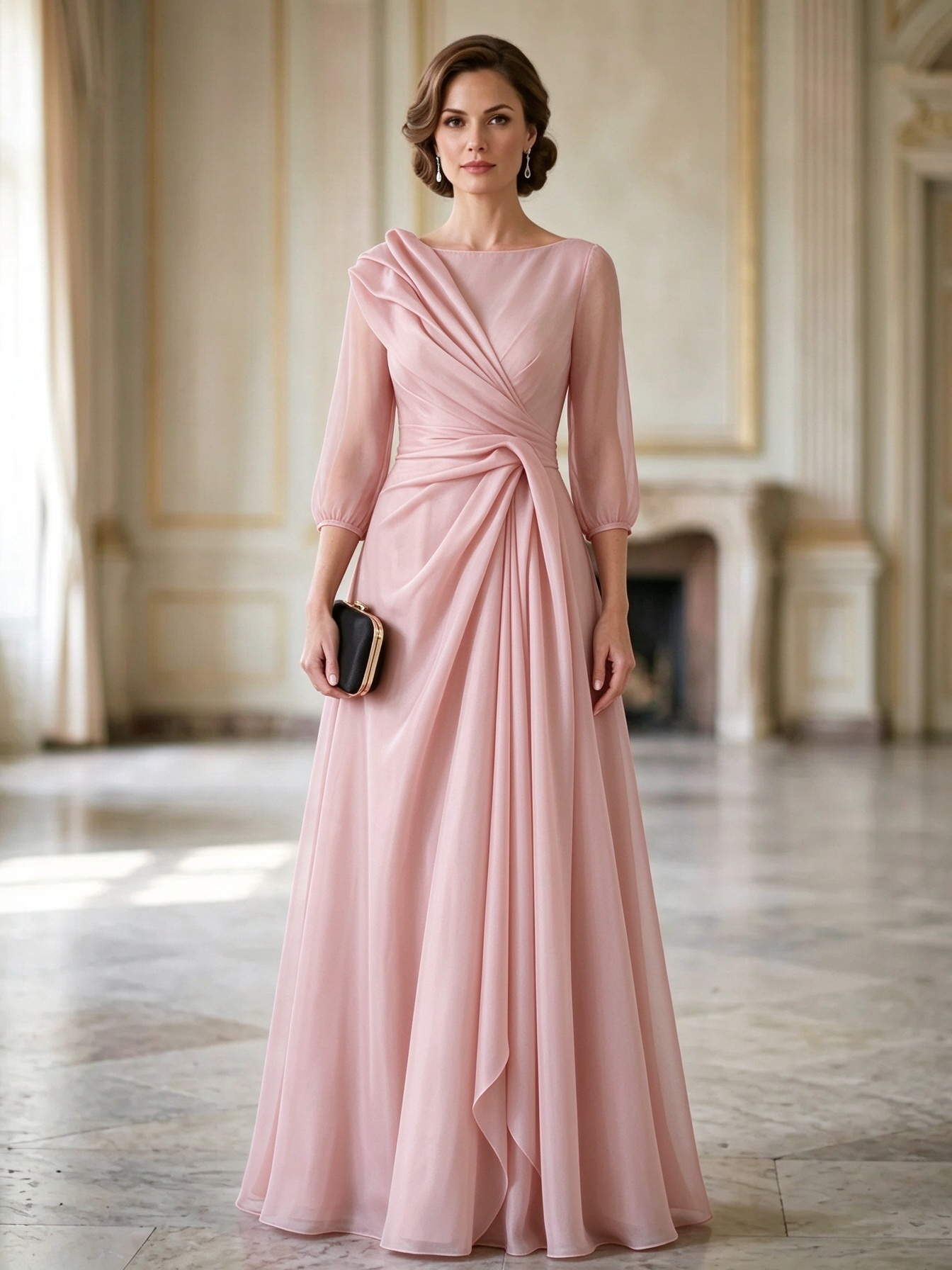 Burgundy Boat-Neck Mesh-Sleeve Ruched Twist Maxi Dress
