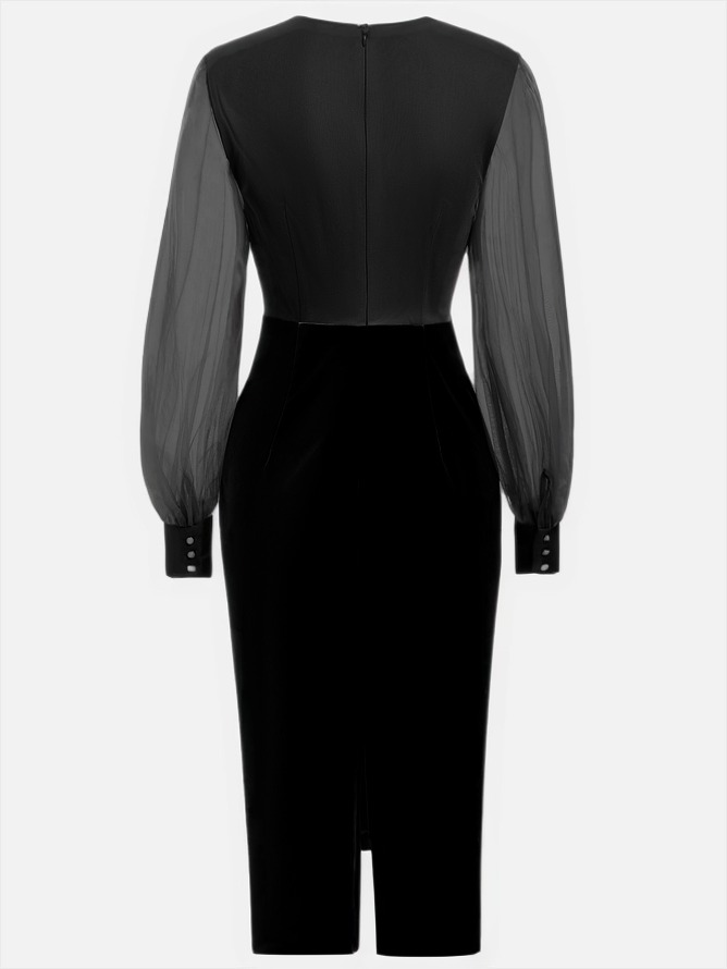 Blue Mesh Split Joint Balloon Sleeve Sheath Midi Velvet Dress