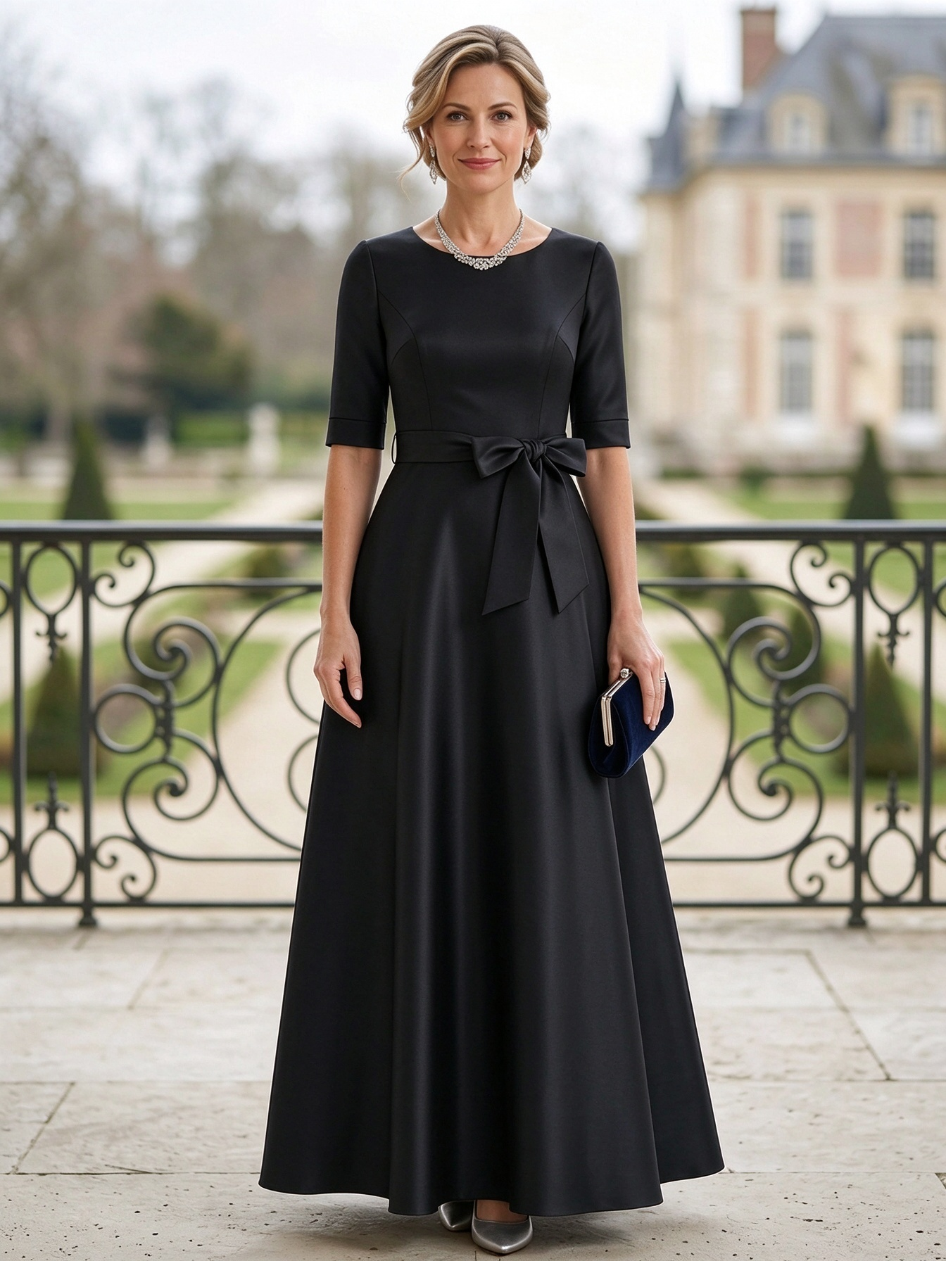 Navy Blue Satin 3/4 Sleeve A-Line Maxi Dress