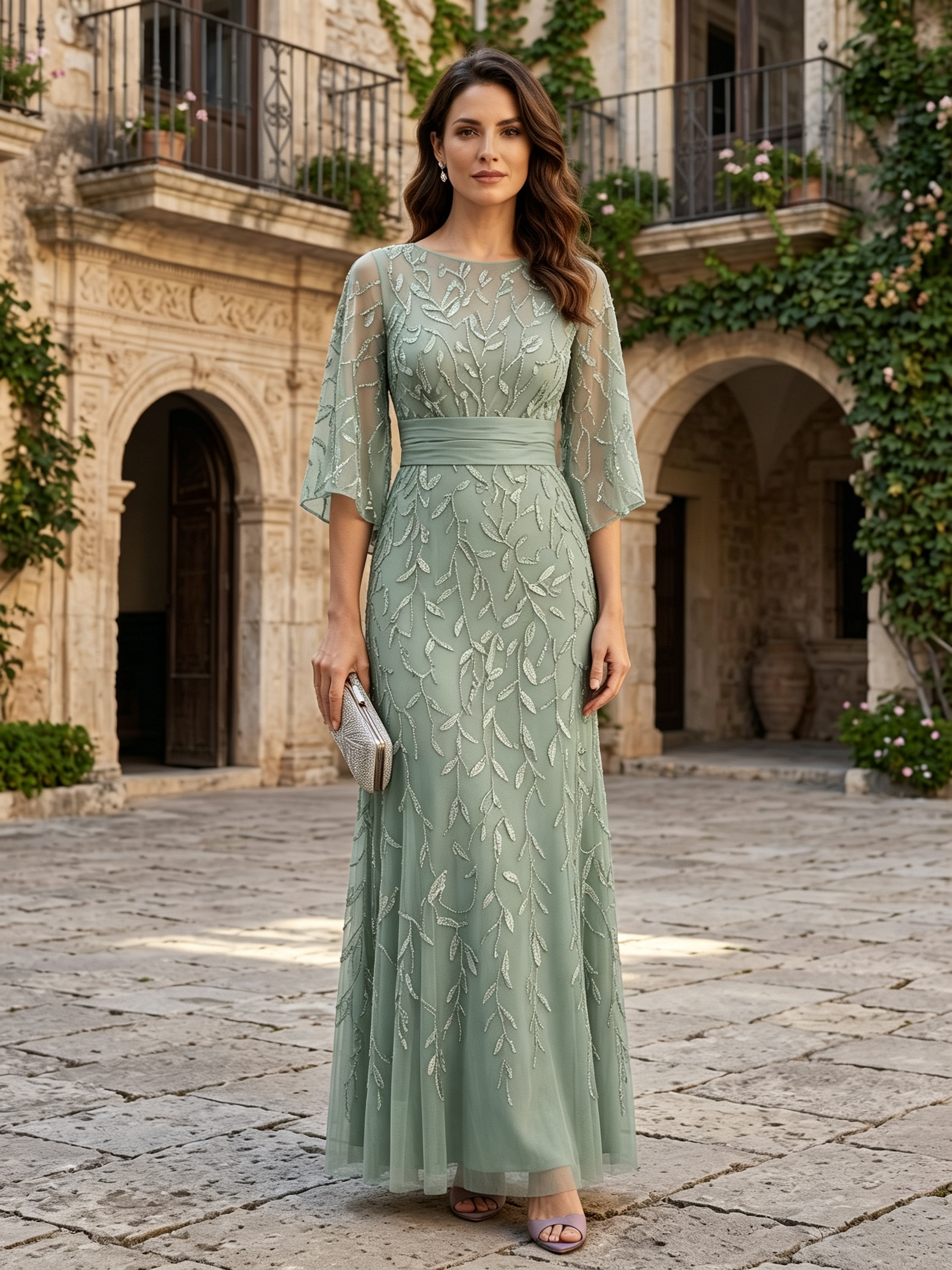Dusty Rose Round Neck Flare Sleeve Sequin Leaf A-Line Maxi Dress