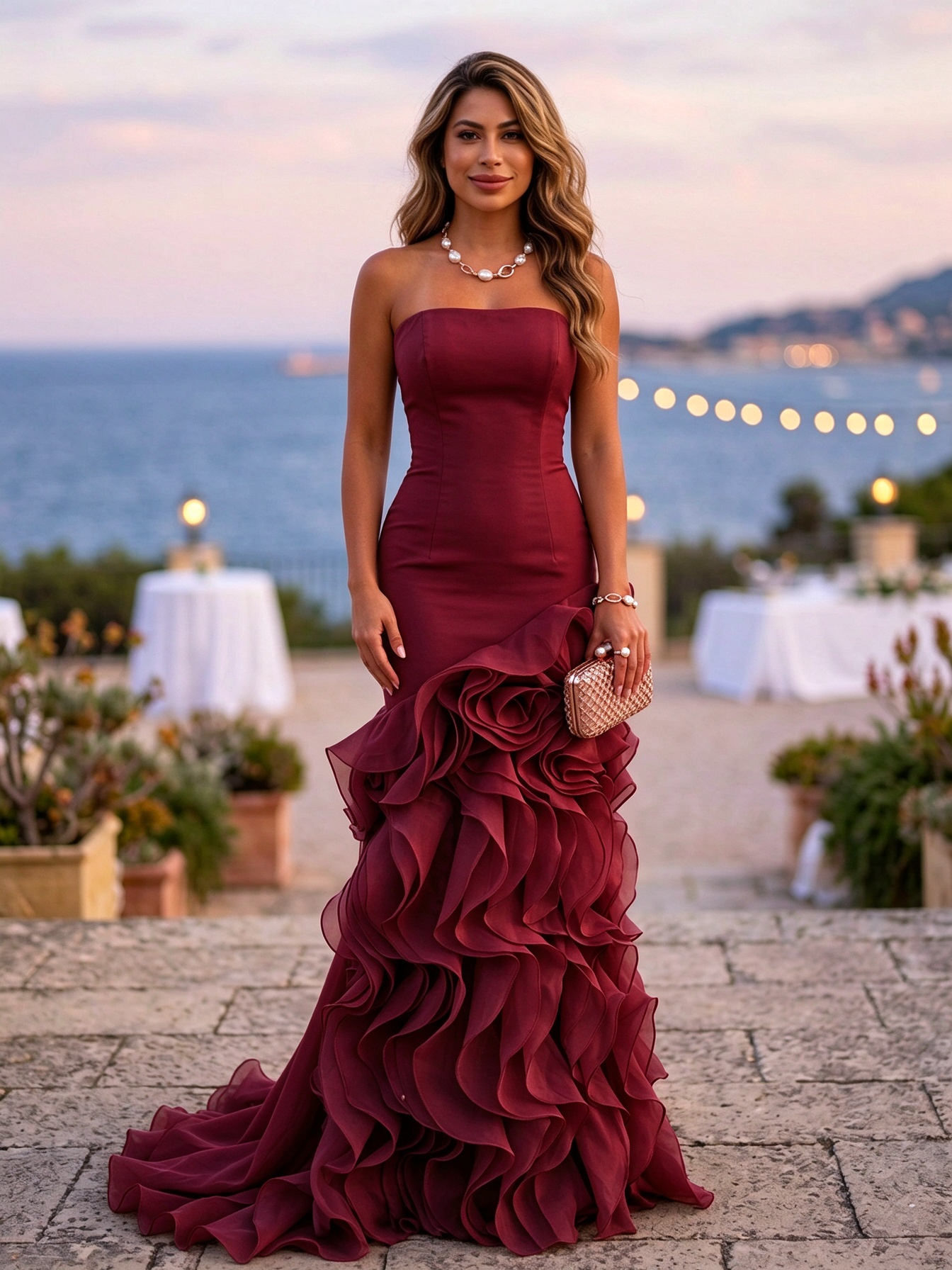 Dusty Blue Strapless Layered Ruffle Mermaid Maxi Dress