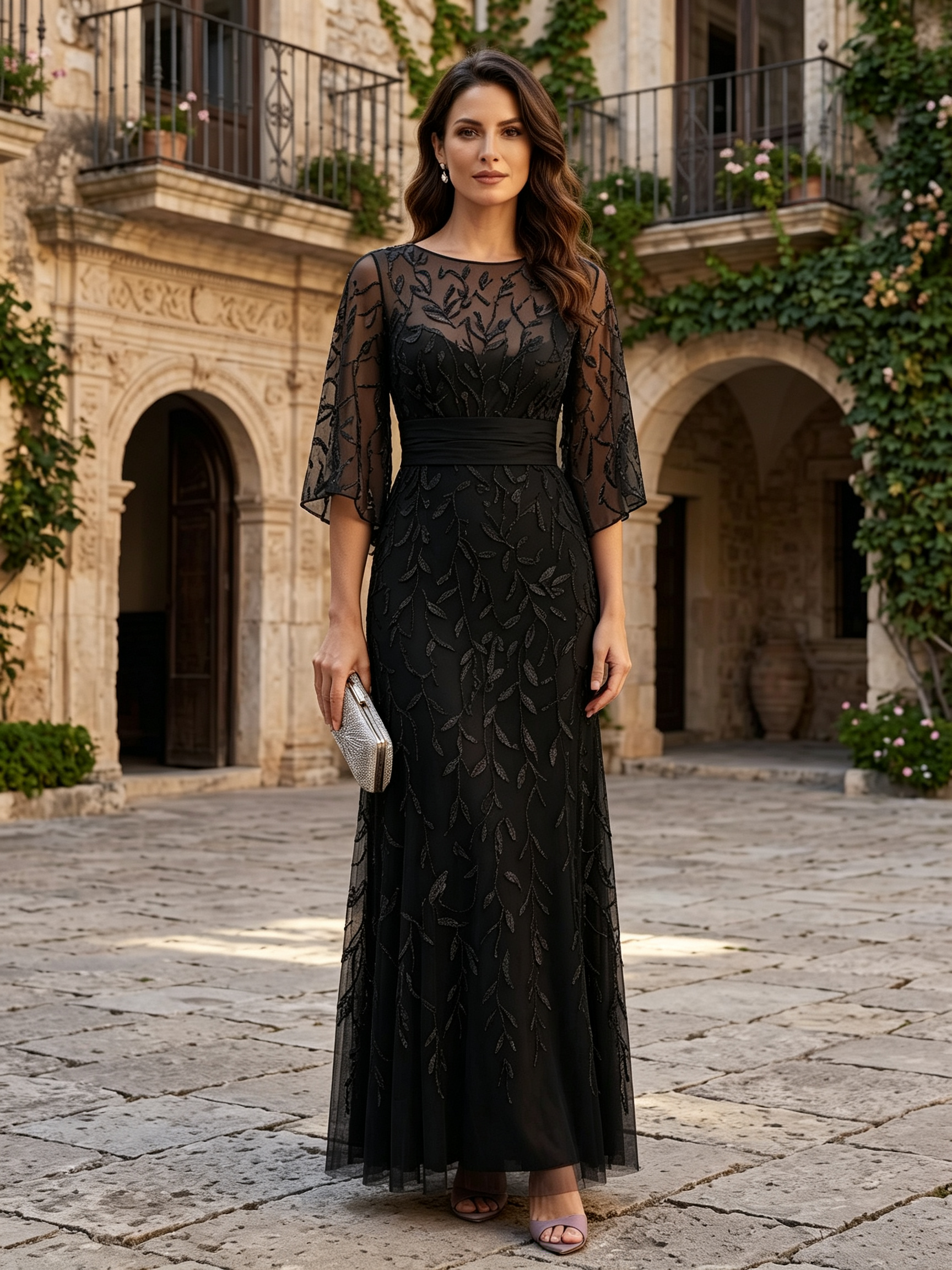 Dusty Rose Round Neck Flare Sleeve Sequin Leaf A-Line Maxi Dress