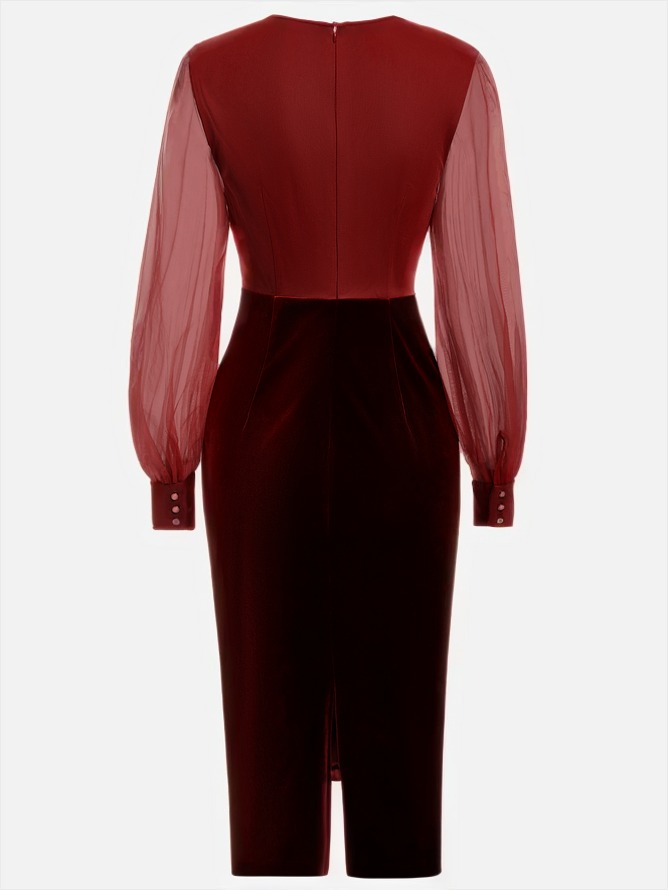 Blue Mesh Split Joint Balloon Sleeve Sheath Midi Velvet Dress