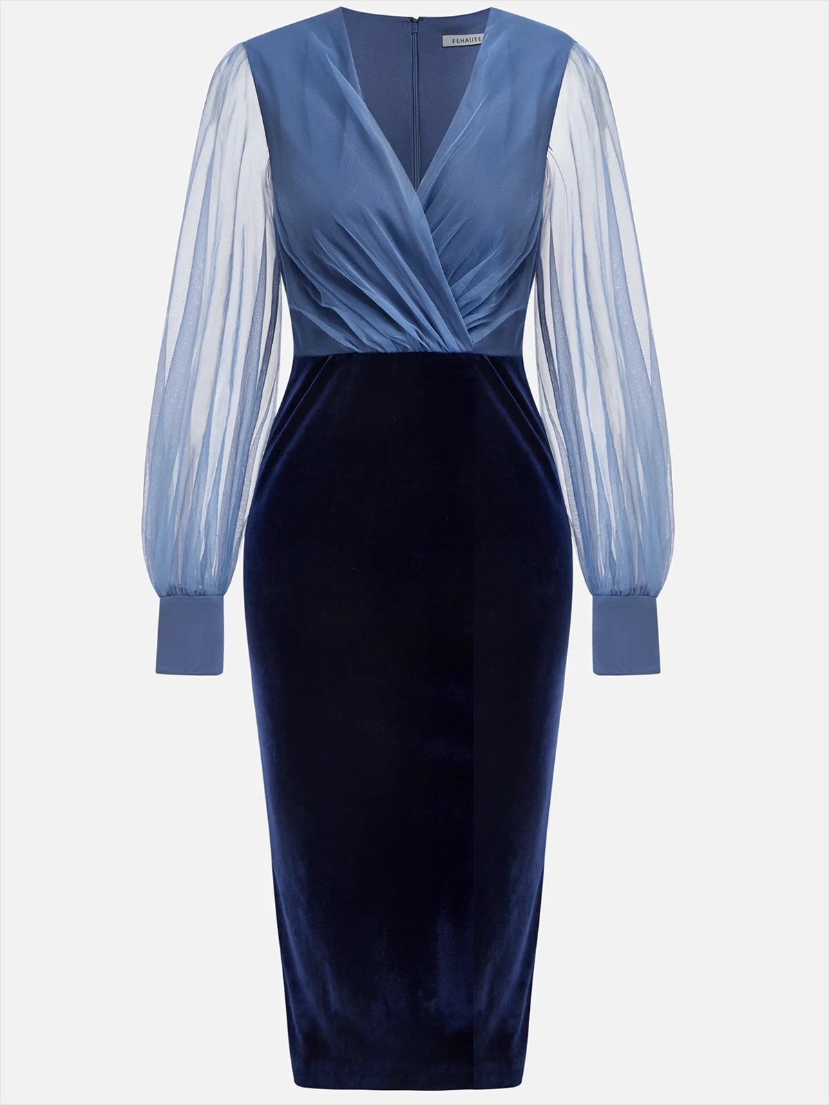 Blue Mesh Split Joint Balloon Sleeve Sheath Midi Velvet Dress