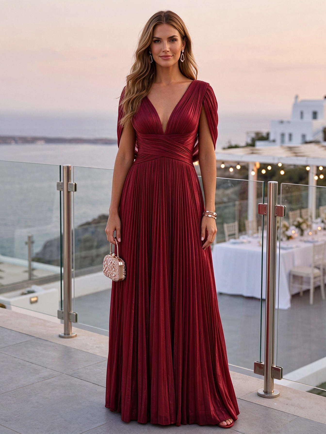 Blush Pink Deep V-Neck Pleated Maxi Dress