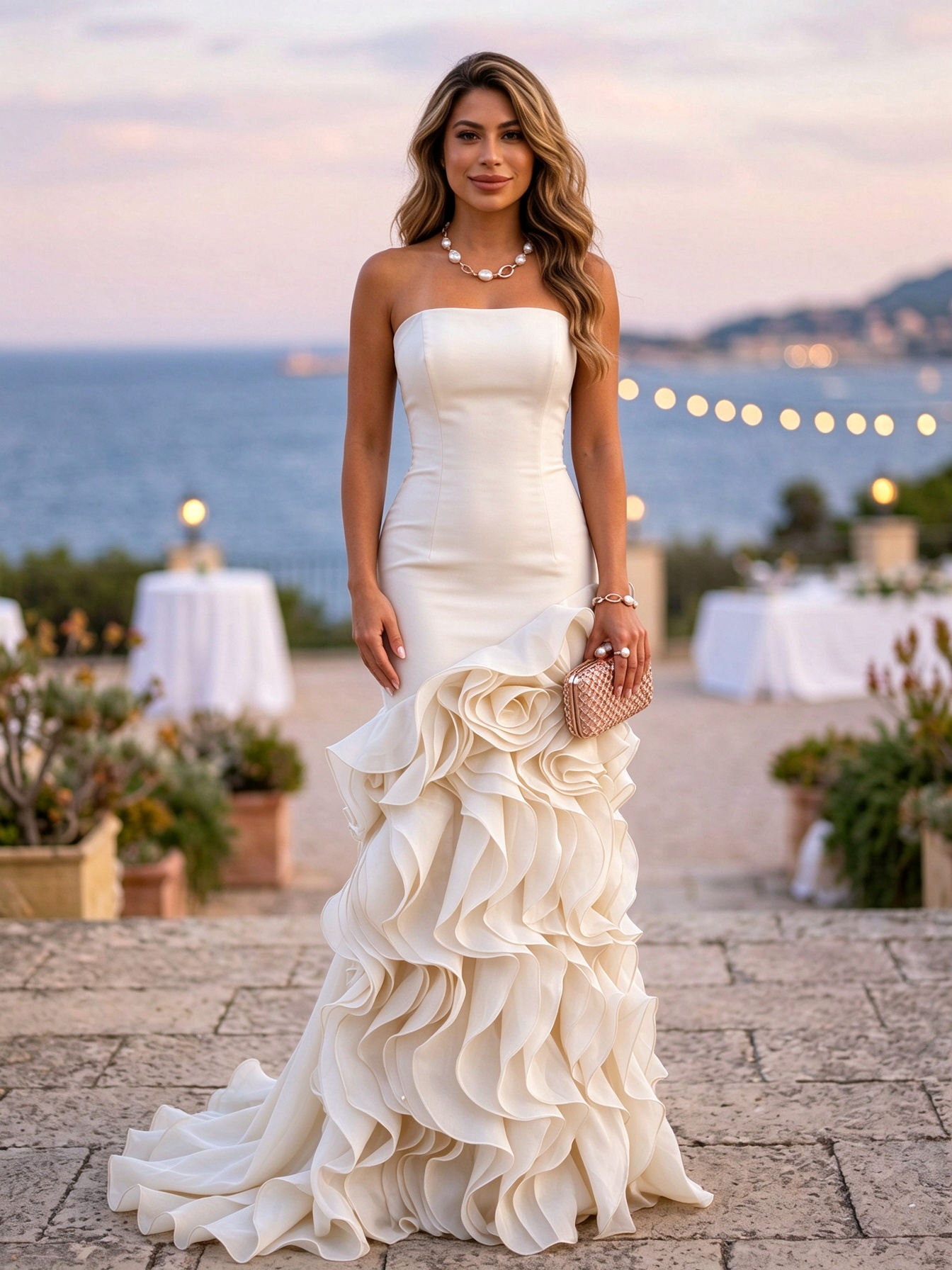 Dusty Blue Strapless Layered Ruffle Mermaid Maxi Dress