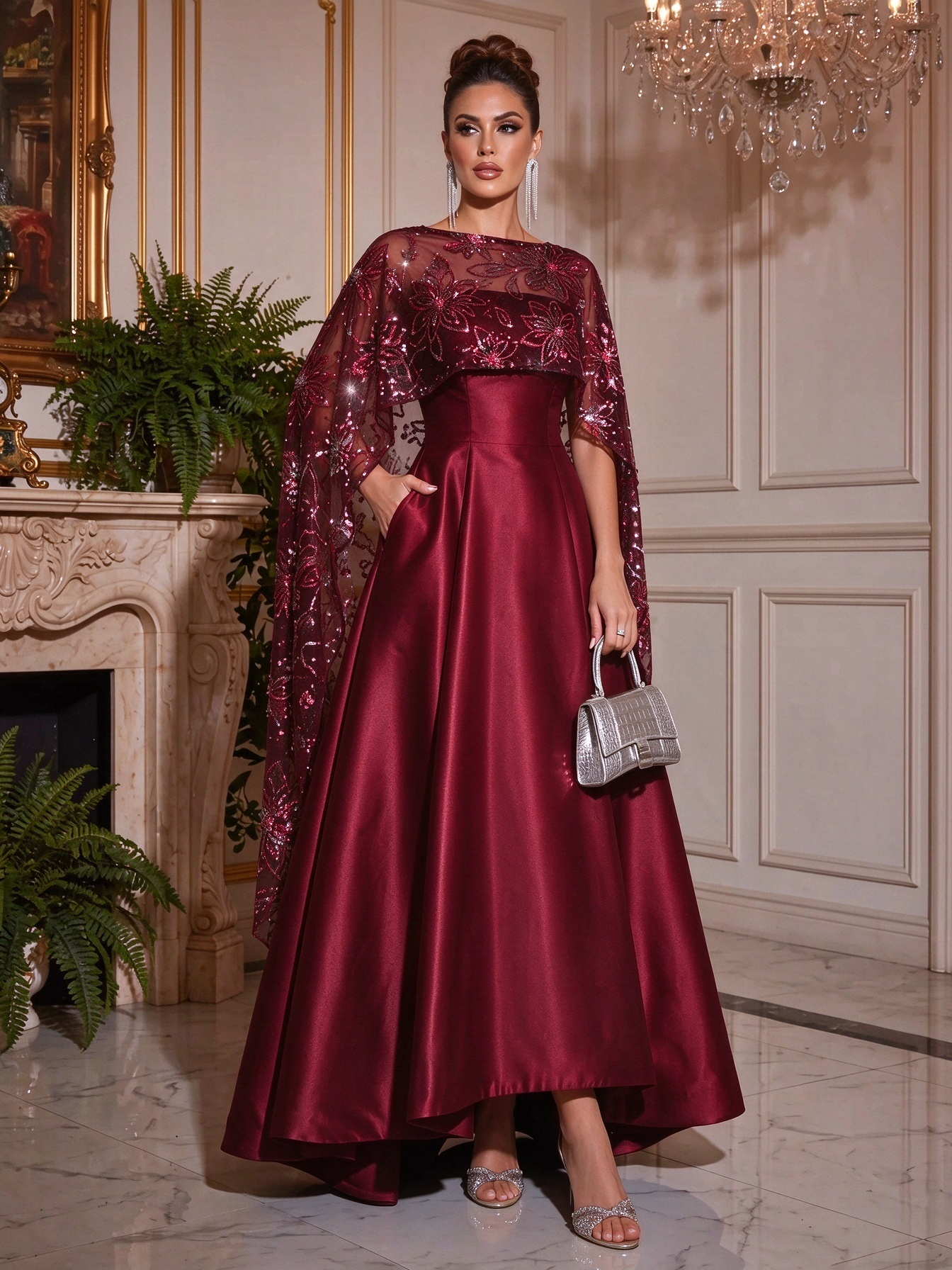 Navy Blue A-Line Satin Asymmetrical Sequined Cape Sleeves Bateau Neck With Pocket