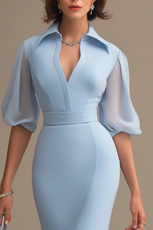 Formal Work Dress Blue Lapel Slit Mesh Maxi Dress
