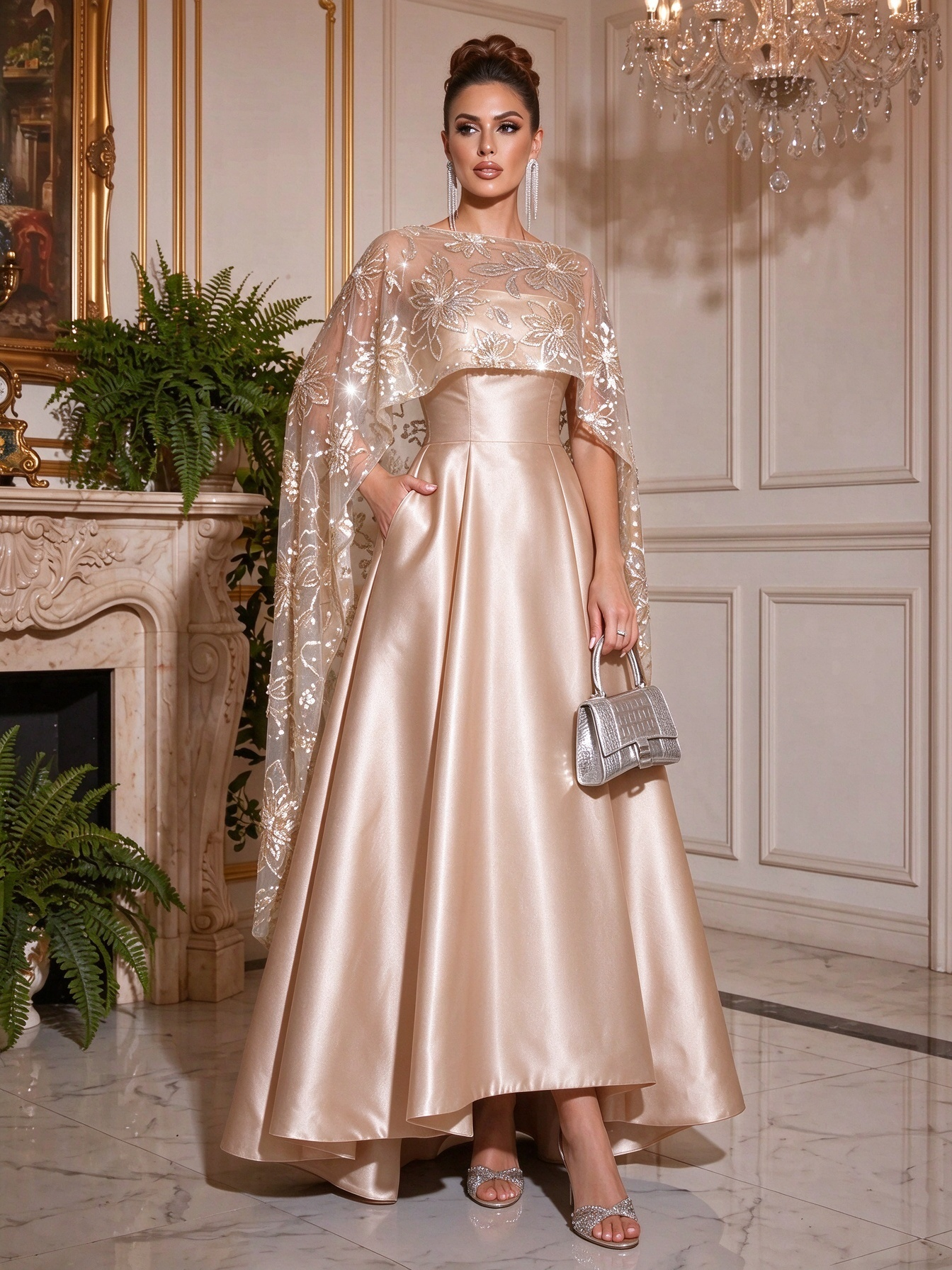 Navy Blue A-Line Satin Asymmetrical Sequined Cape Sleeves Bateau Neck With Pocket