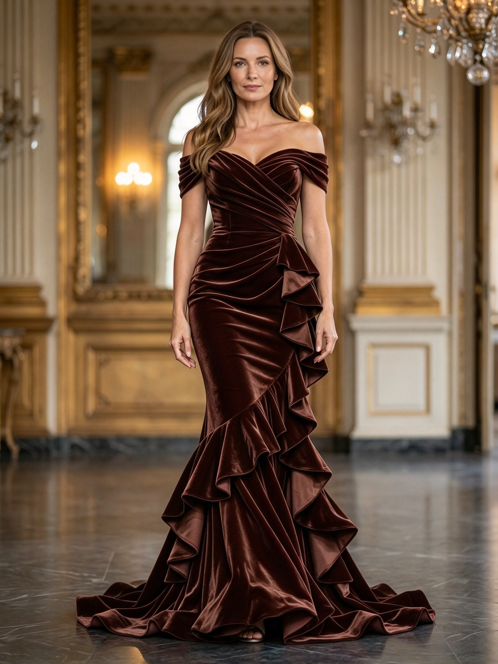 Burgundy Velvet Off Shoulder Ruched Ruffle Mermaid Maxi Dress