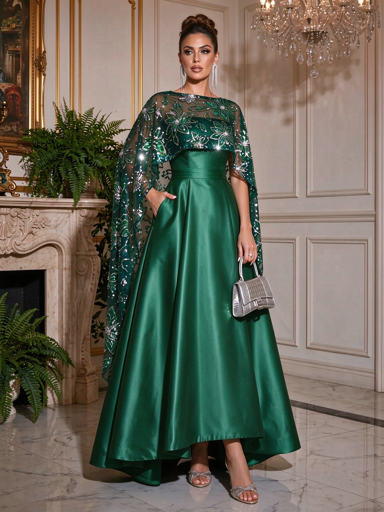 Navy Blue A-Line Satin Asymmetrical Sequined Cape Sleeves Bateau Neck With Pocket