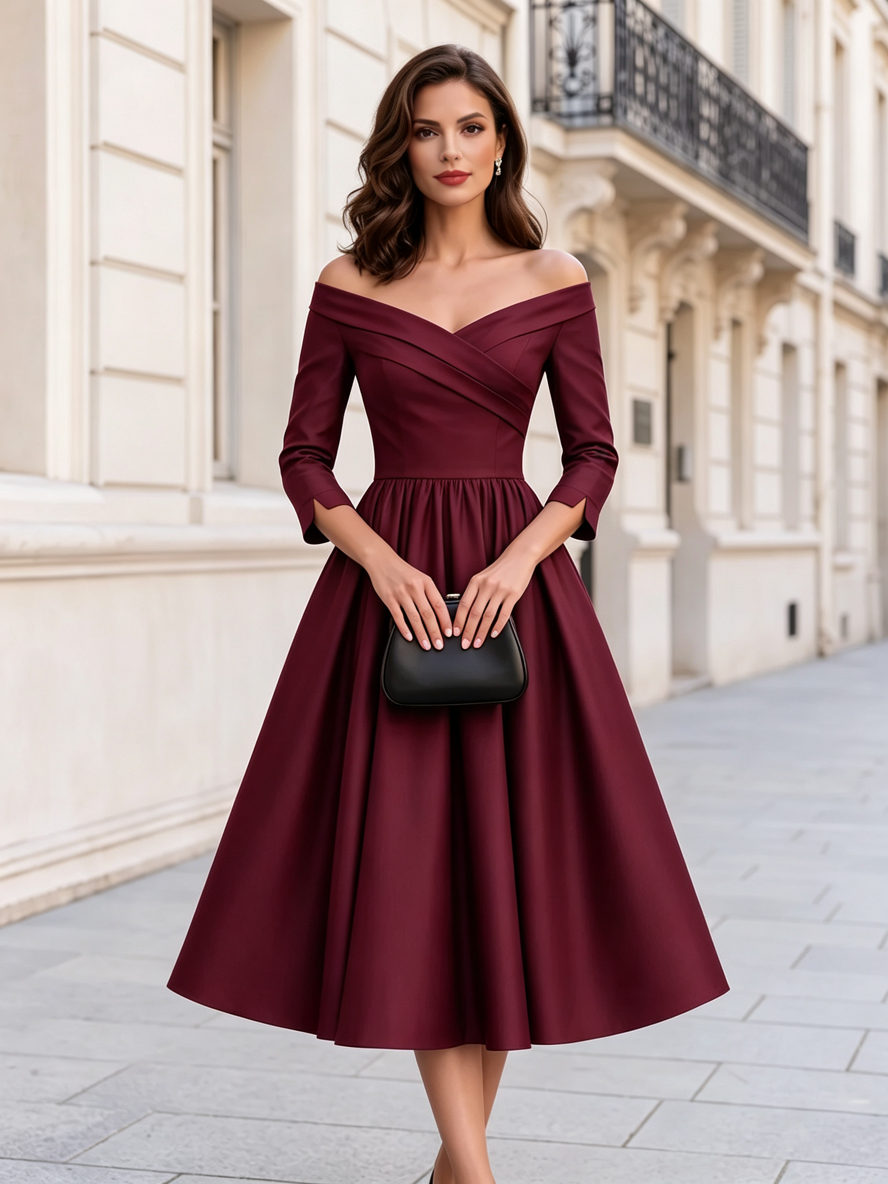 Navy Blue Off Shoulder Elbow Sleeve Cross Bodice A-Line Midi Dress