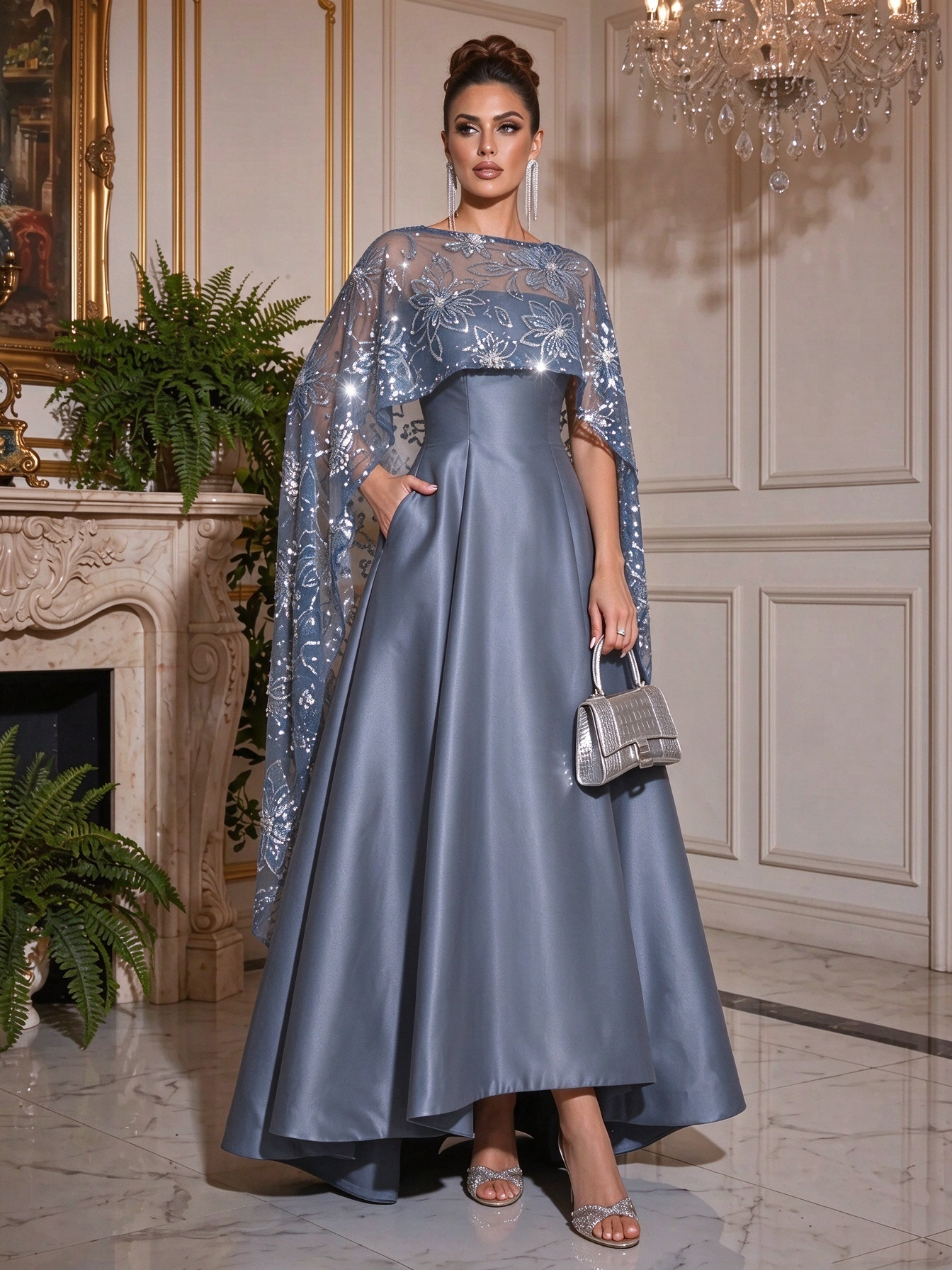 Navy Blue A-Line Satin Asymmetrical Sequined Cape Sleeves Bateau Neck With Pocket
