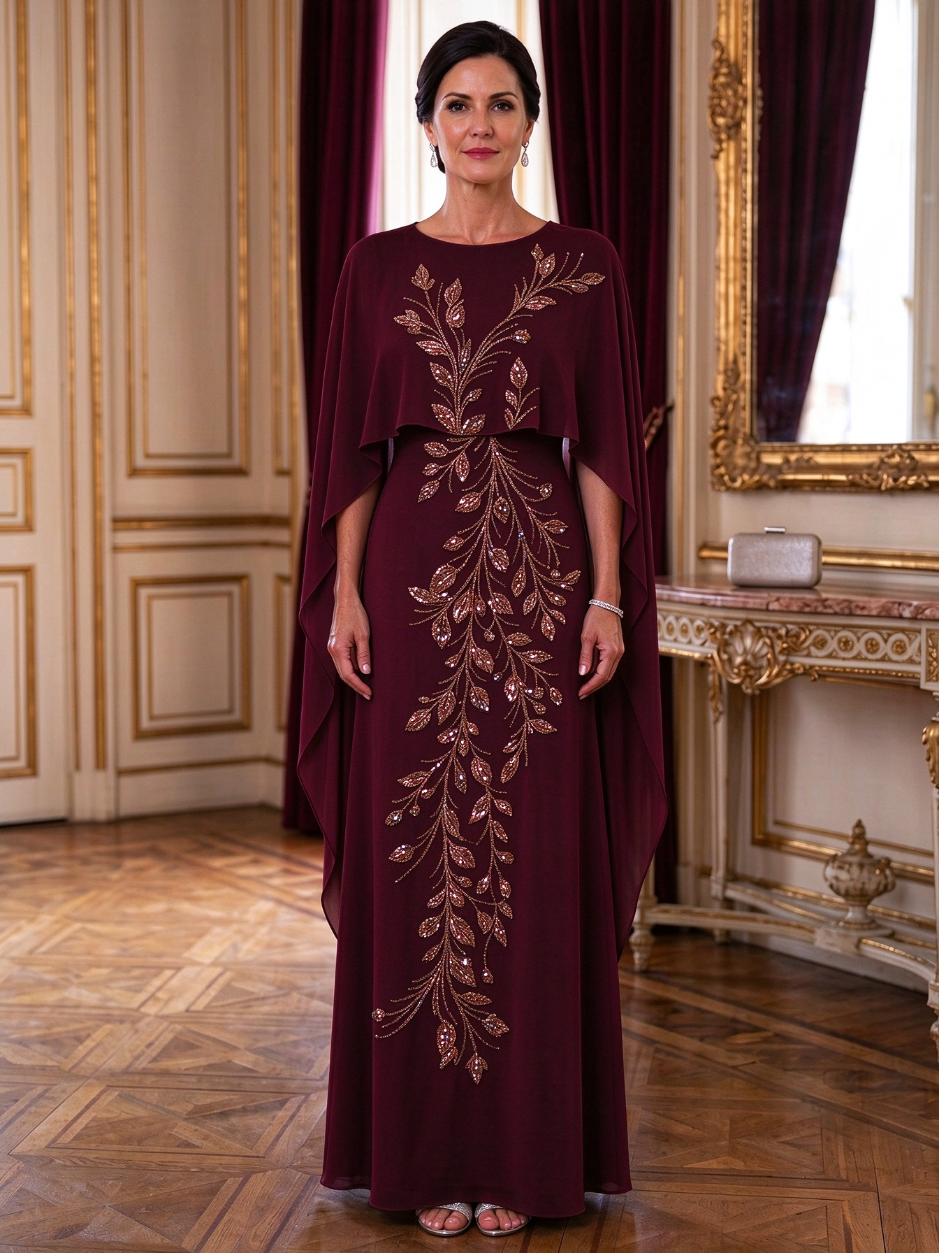 Champagne Draped Cape Beaded Floral A-Line Maxi Dress