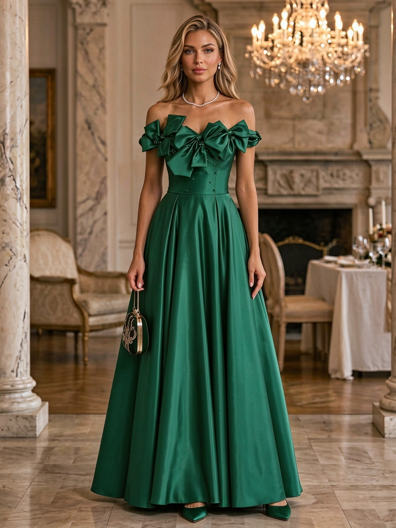 Burgundy Off Shoulder Bow Satin Ball Gown Maxi Dress
