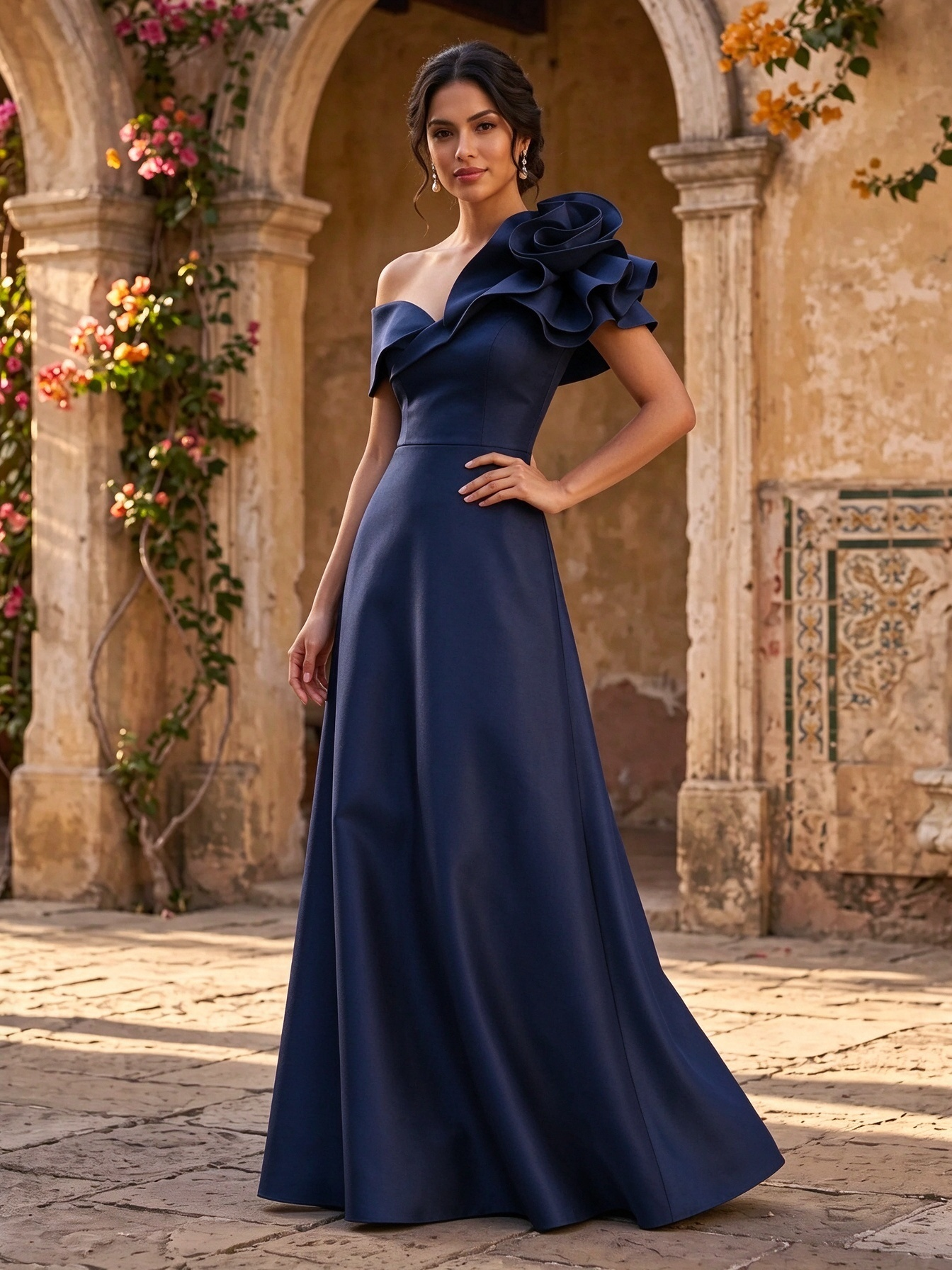 Fuchsia Off Shoulder One Side Floral A Line Floor-Length Evening Dress