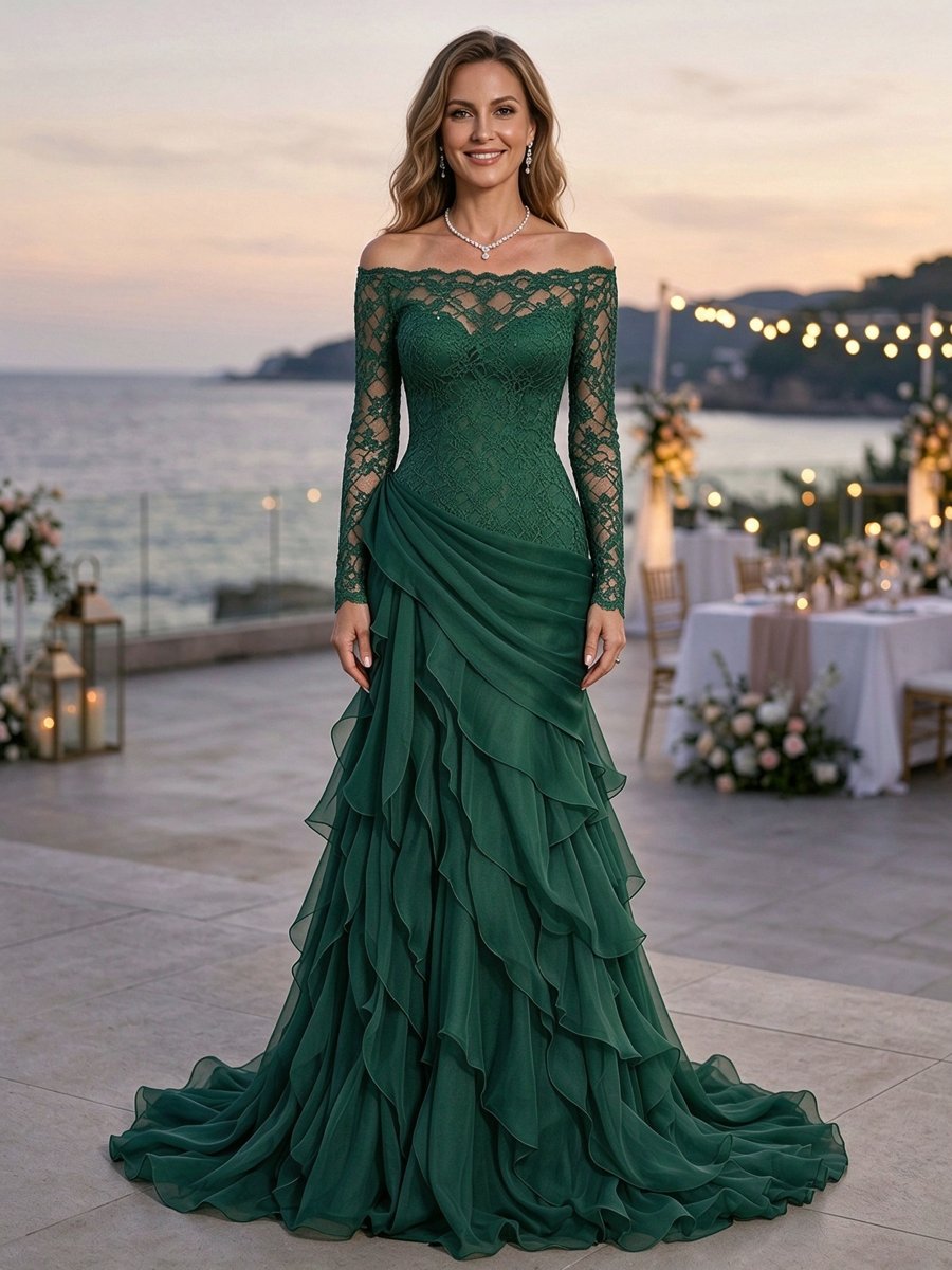 Navy Blue Off Shoulder Long Sleeve Lace Layered Mermaid Maxi Dress