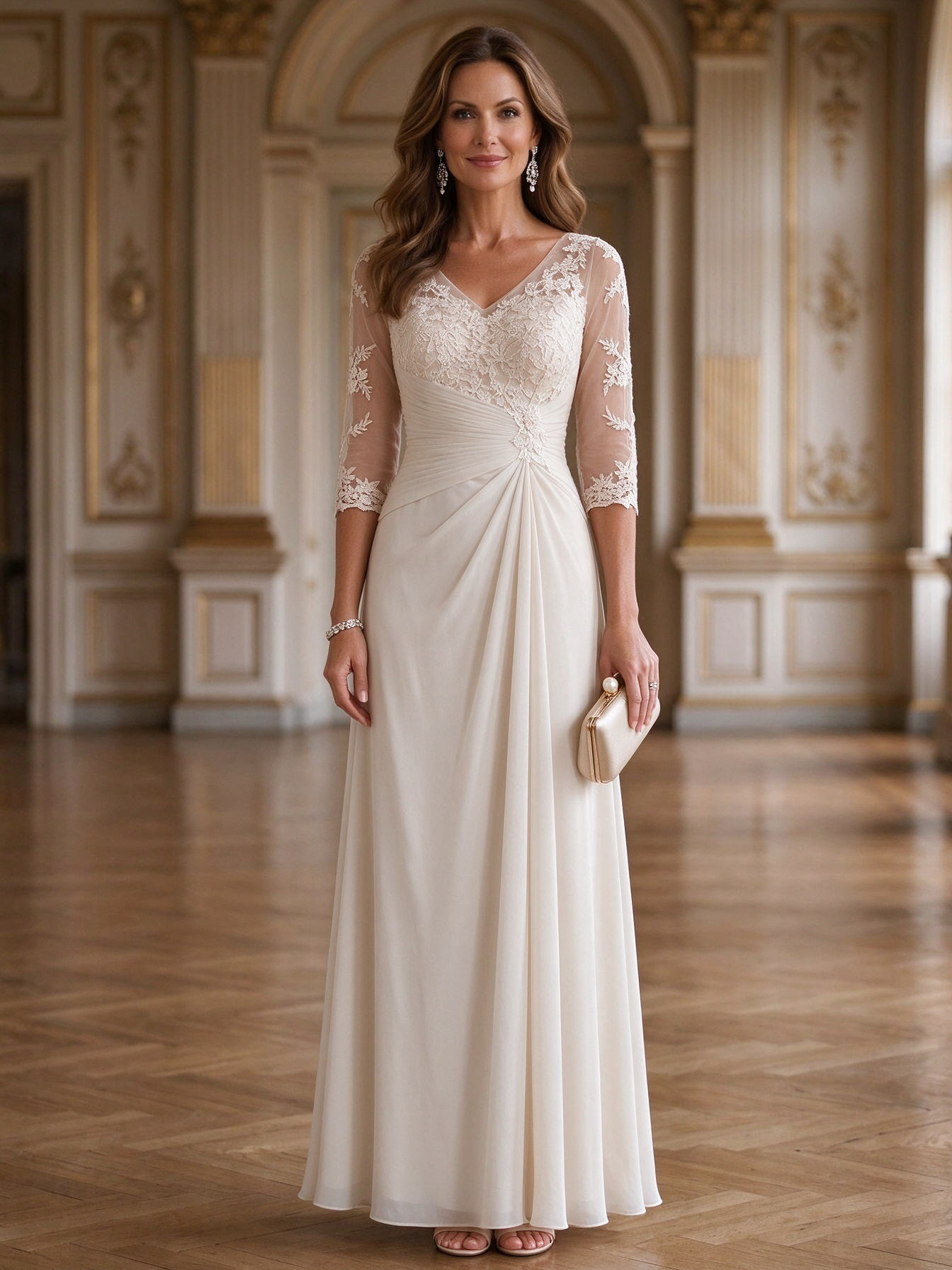 Champagne Lace Chiffon V-Neck Maxi Dress
