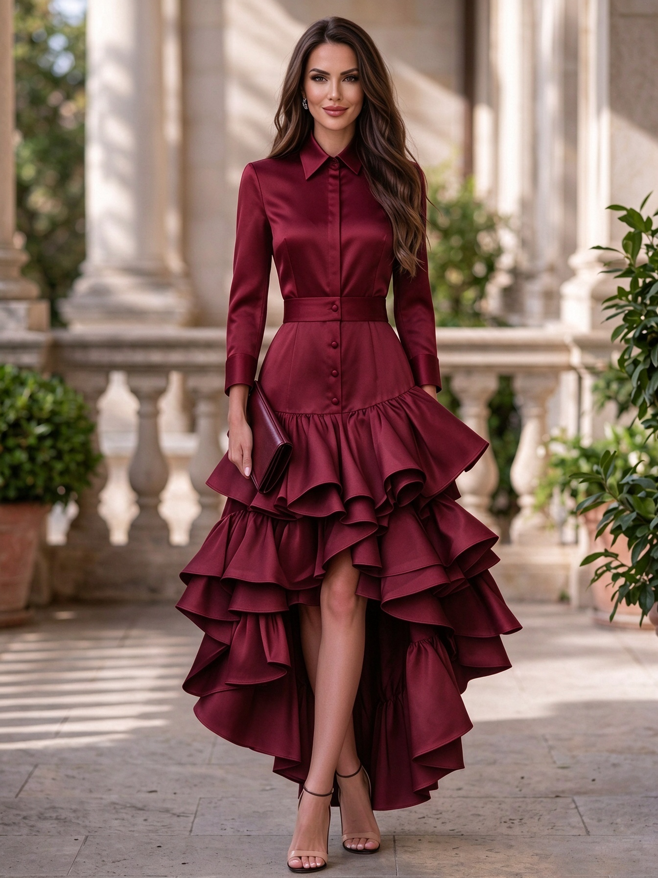 Black Collared Long Sleeve Tiered Ruffle High Low Maxi Dress