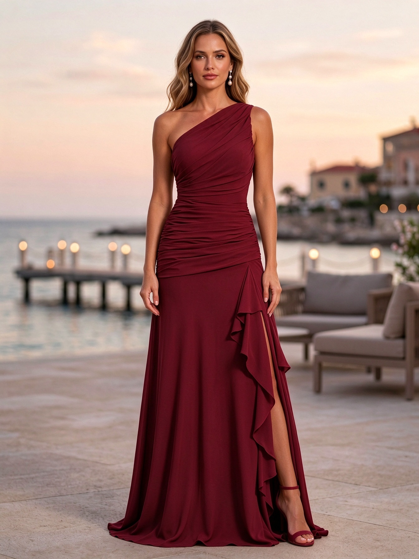 Olive Green One Shoulder Ruched High Slit Maxi Dress