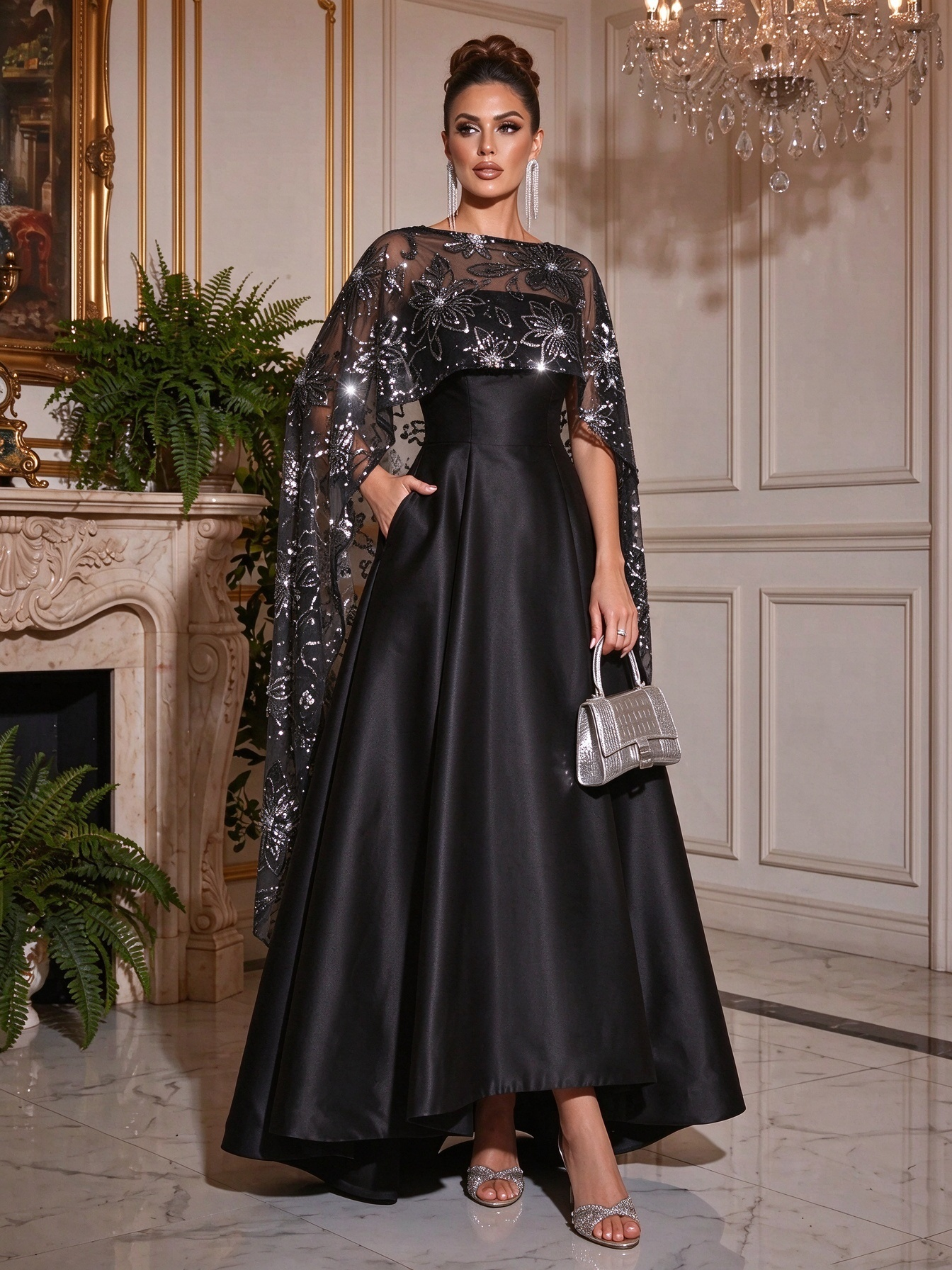 Navy Blue A-Line Satin Asymmetrical Sequined Cape Sleeves Bateau Neck With Pocket