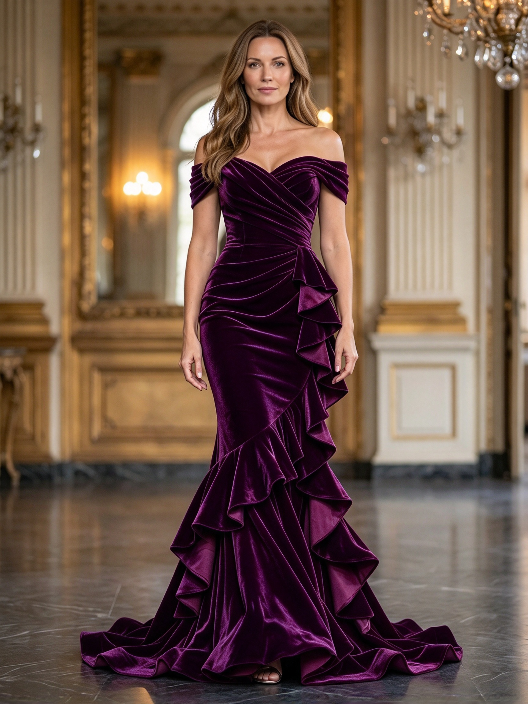 Burgundy Velvet Off Shoulder Ruched Ruffle Mermaid Maxi Dress