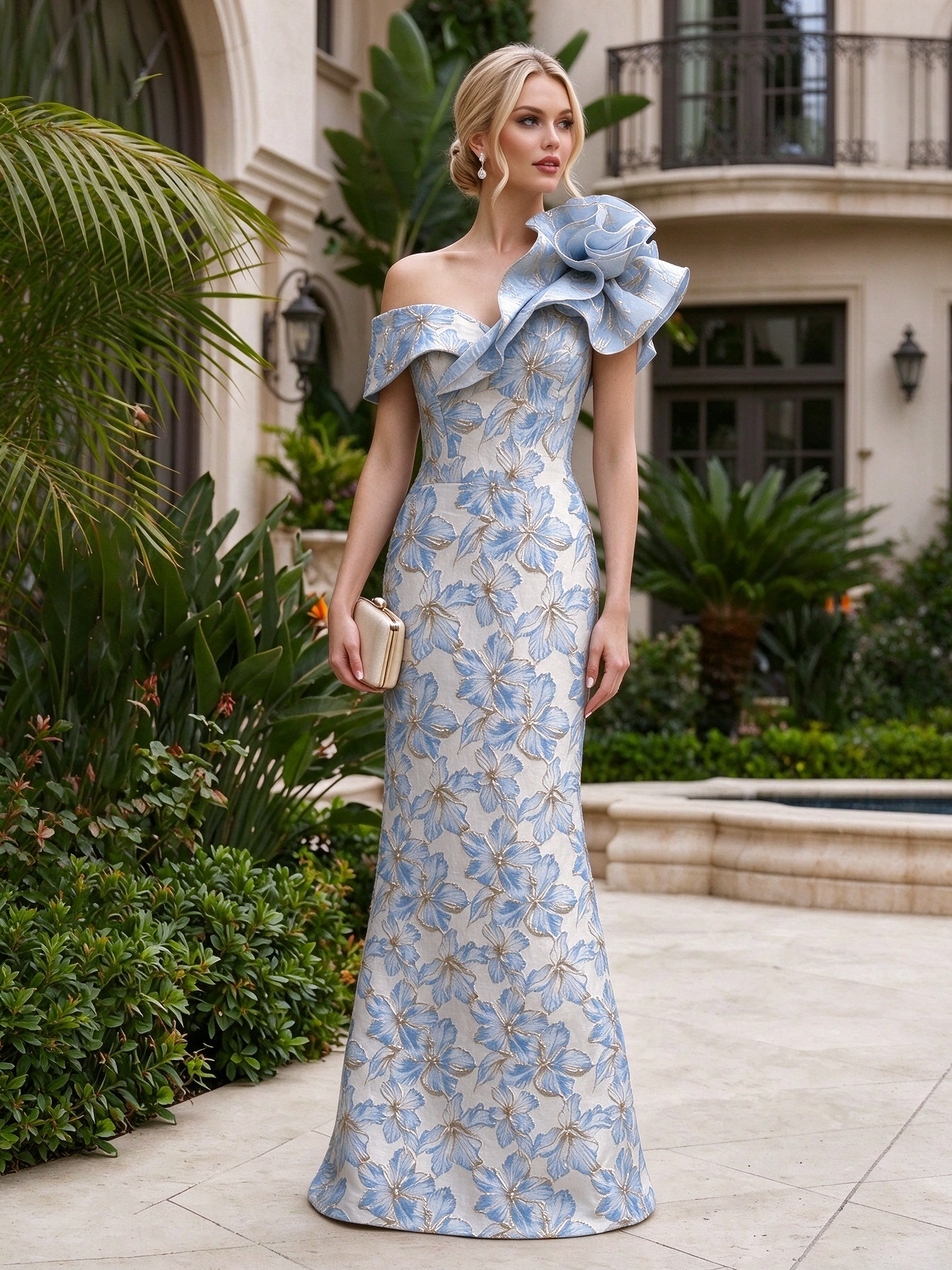 Blue Off The Shoulder One Side Ruffle Floral Jacquard Mermaid Maxi Dress