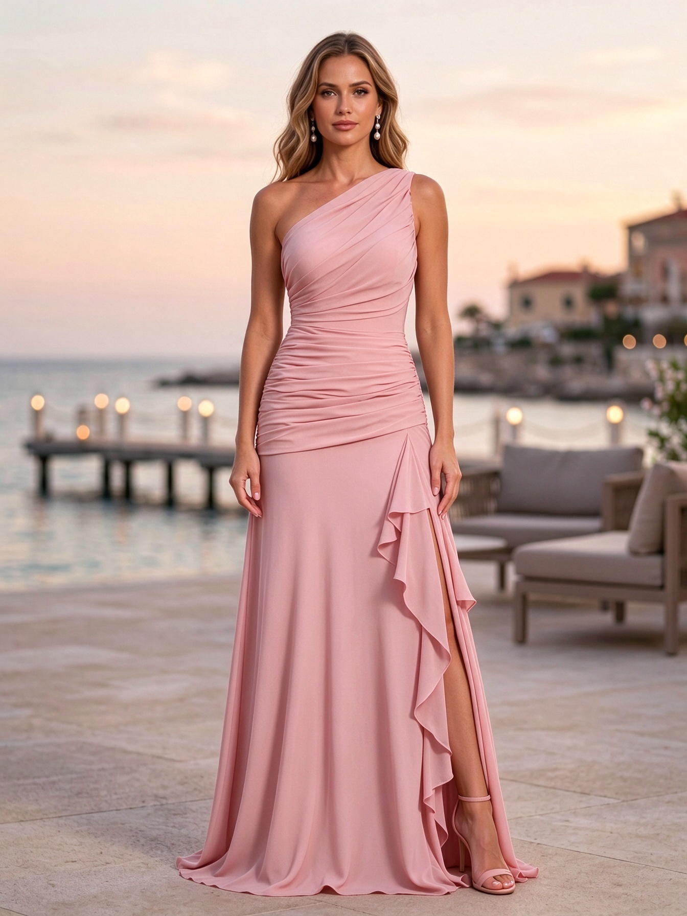 Olive Green One Shoulder Ruched High Slit Maxi Dress